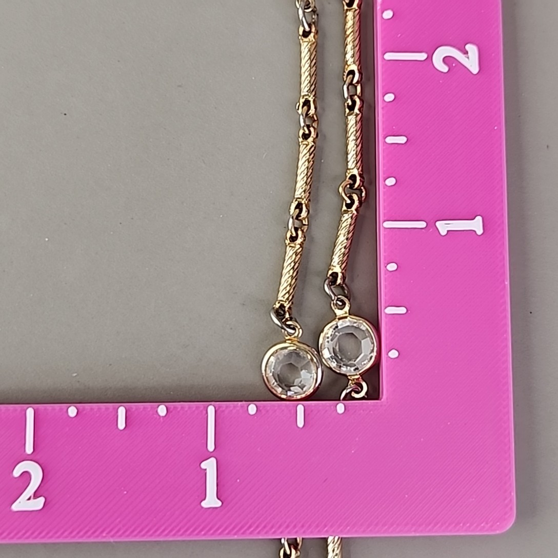 Vintage Open Bezel Necklace Clear Glass Bar Link Gold Tone Spiral 36″