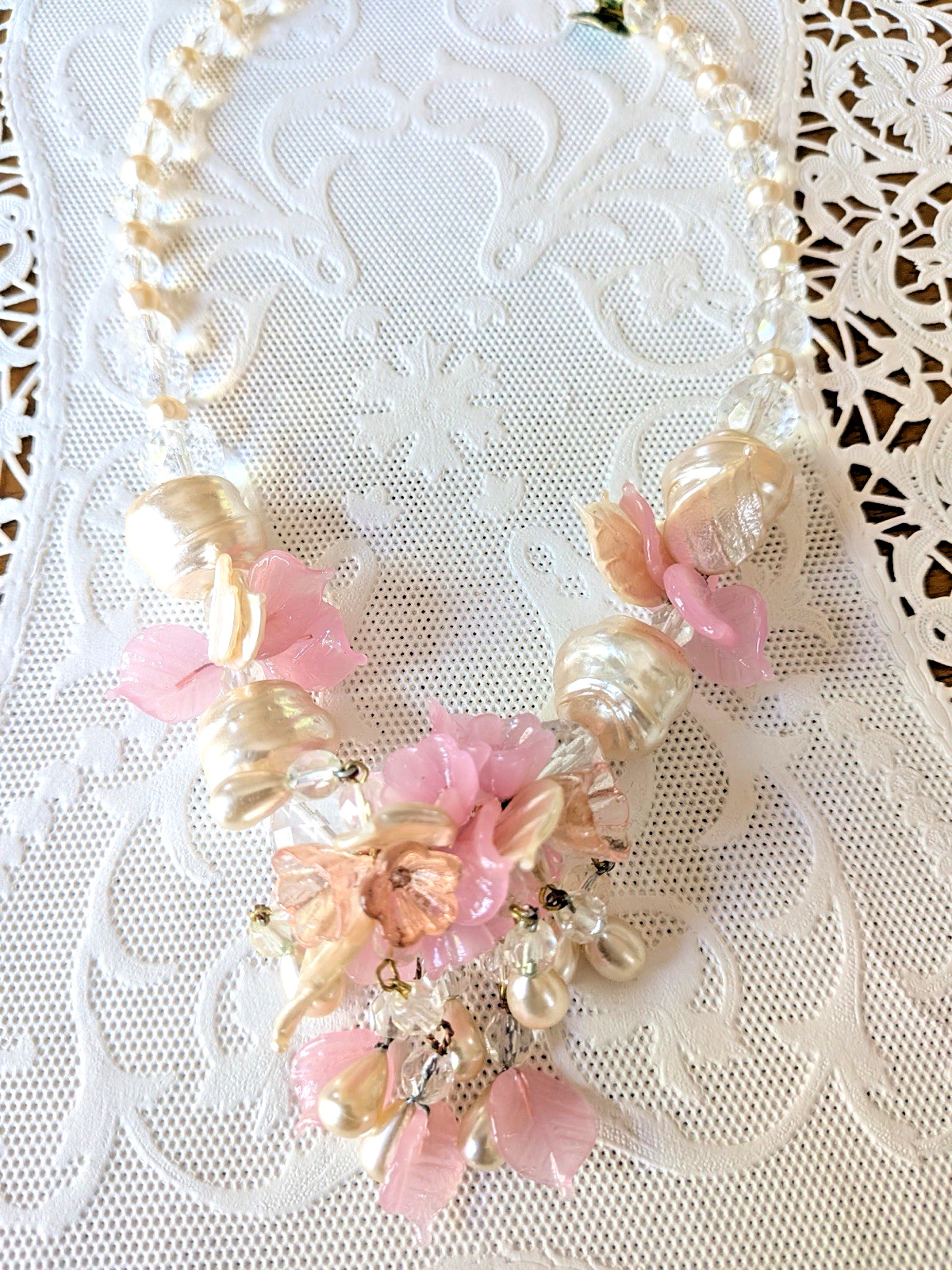 Vintage Venetian Necklace Pink, Clear, & Faux Pearl Flower Bead Art Glass 17″