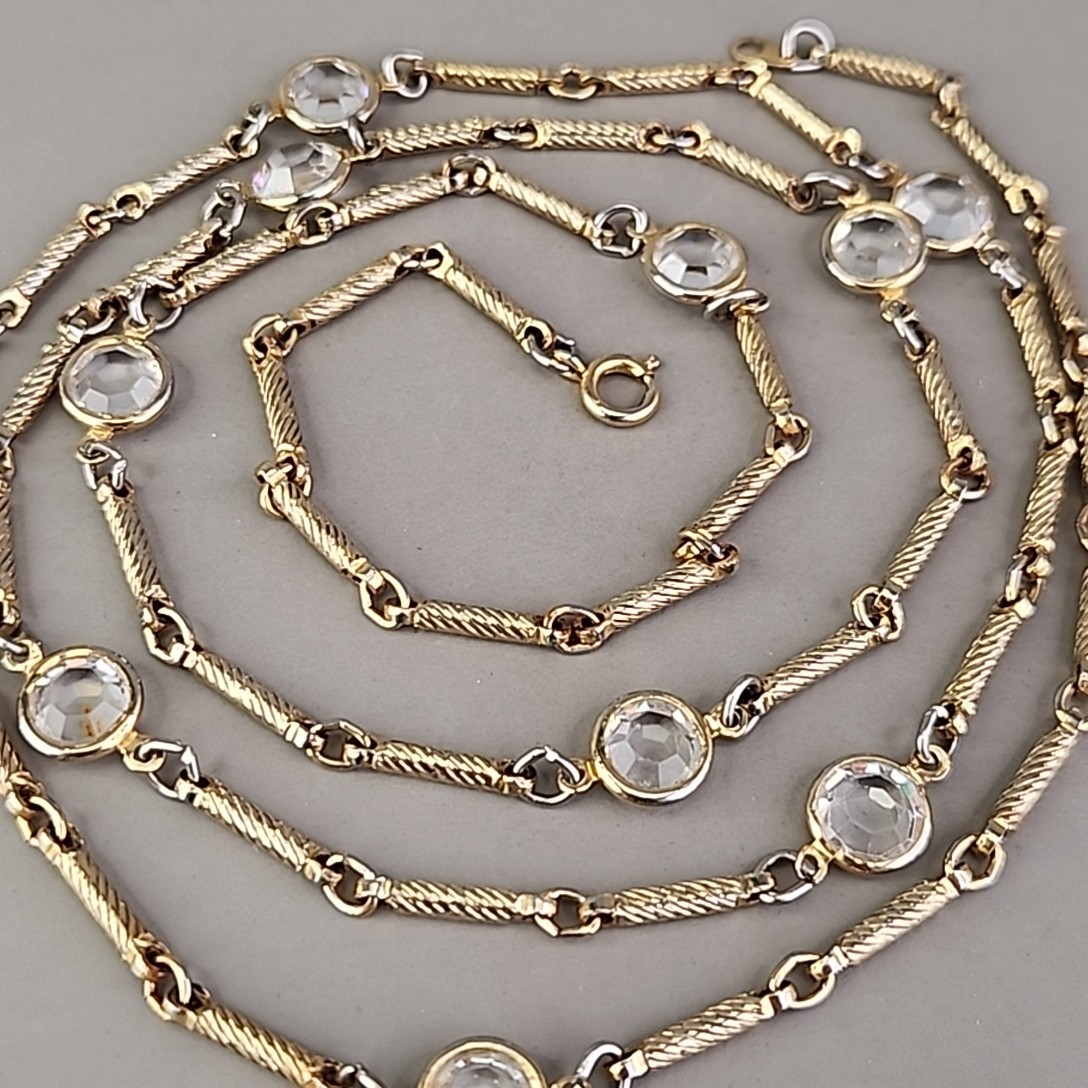Vintage Open Bezel Necklace Clear Glass Bar Link Gold Tone Spiral 36″