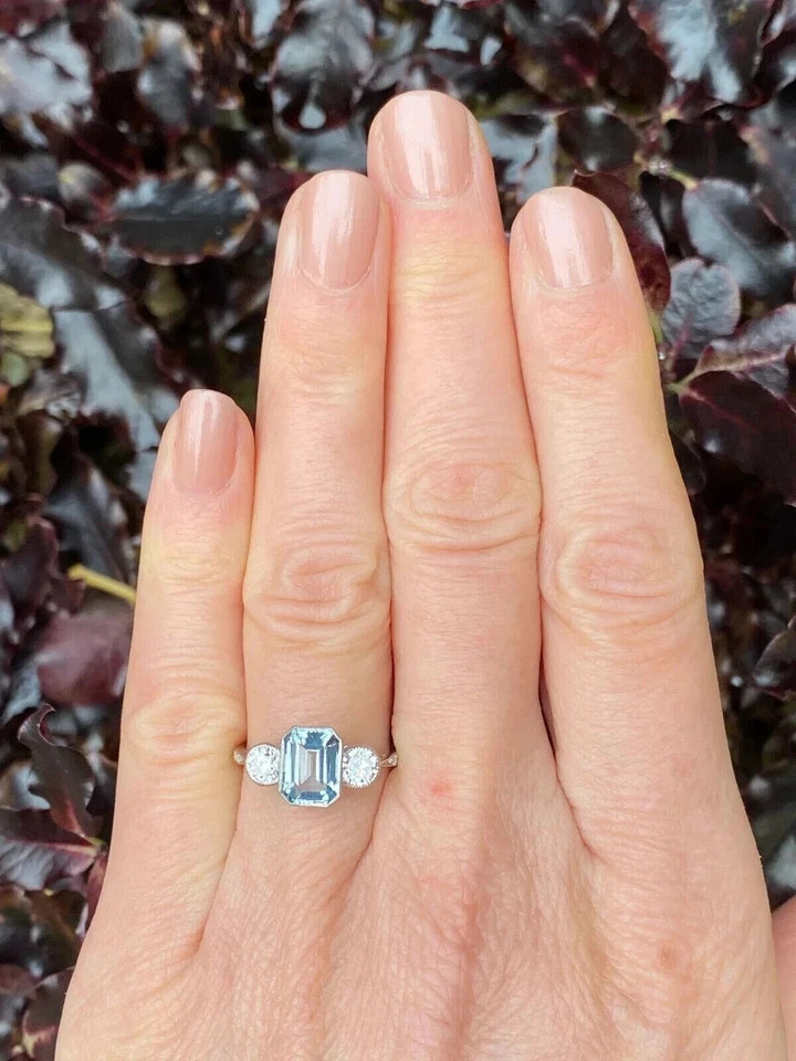 Art Deco Style 2.55Ct Lab Created Aquamarine Engagement 14K White Gold FN Ring