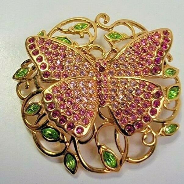 2002 Swarovski Swan Mark Signed Butterfly Brooch Pin Pink Green Rhinestones
