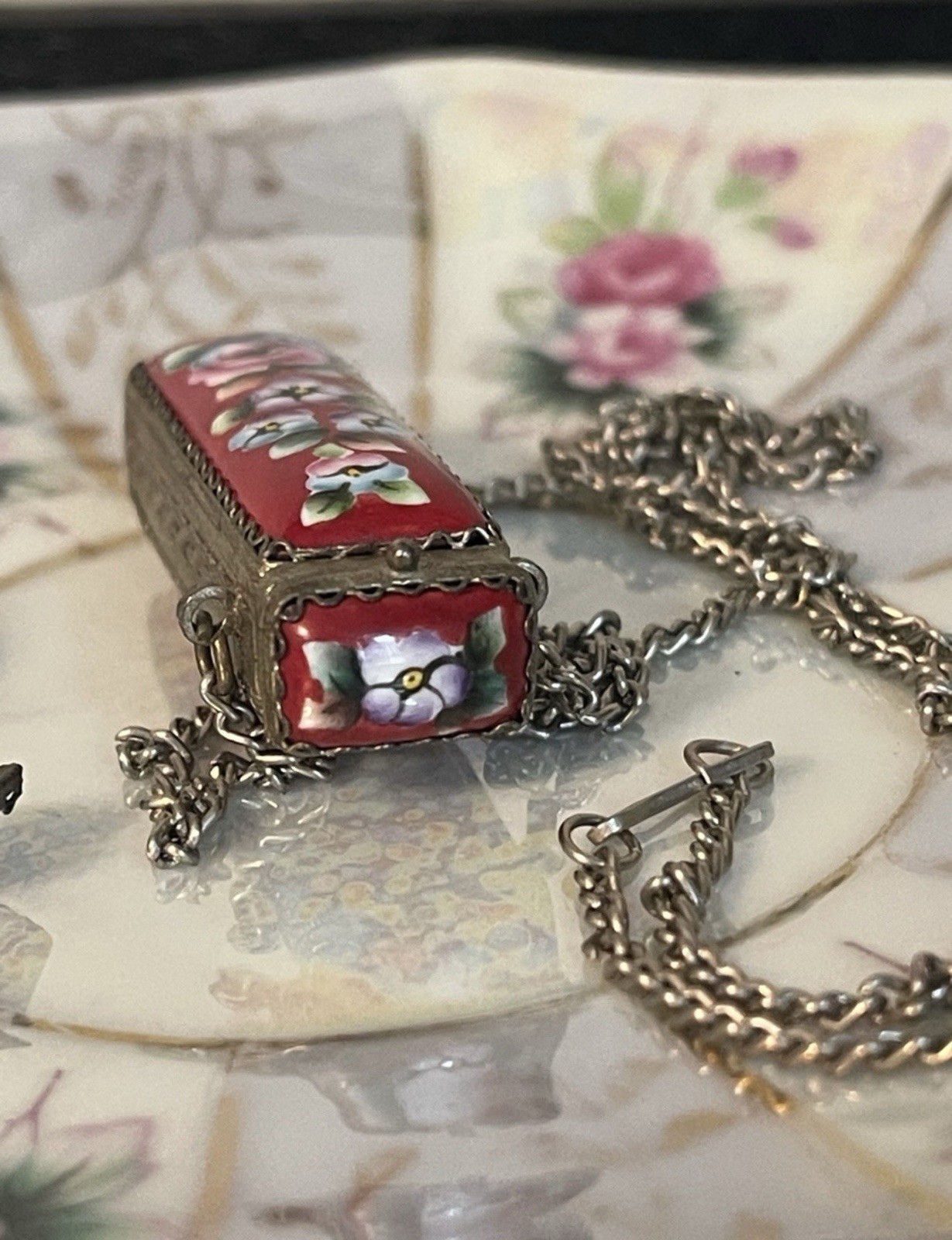 Vintage Russian Finfit Hand Painted Enamel Pillbox Locket & Earring Set