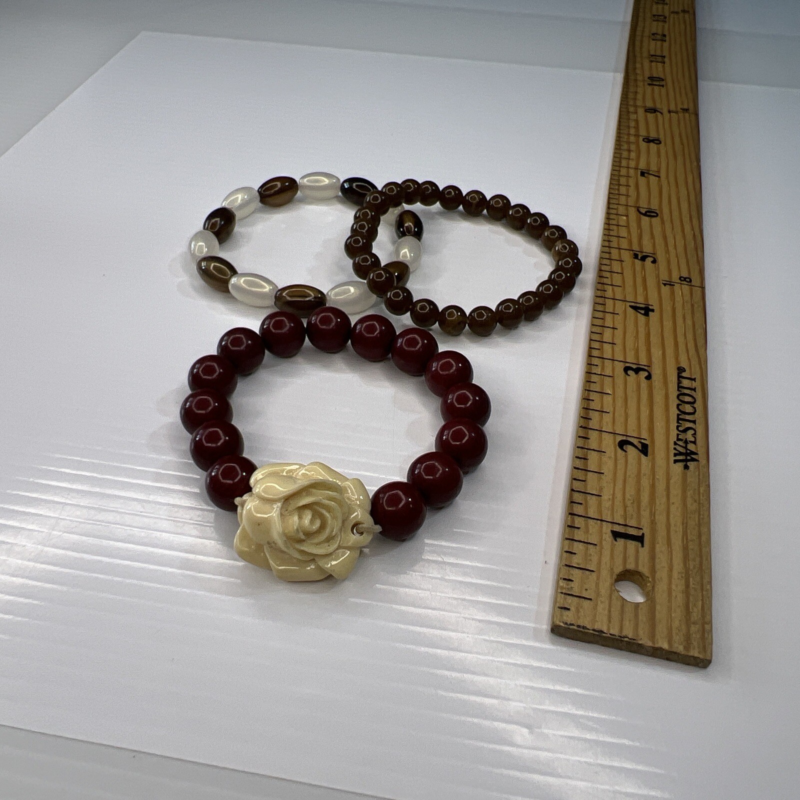 Lot Brown Red Beaded Acrylic Resin Celluloid Lotus Flower Retro Bracelets
