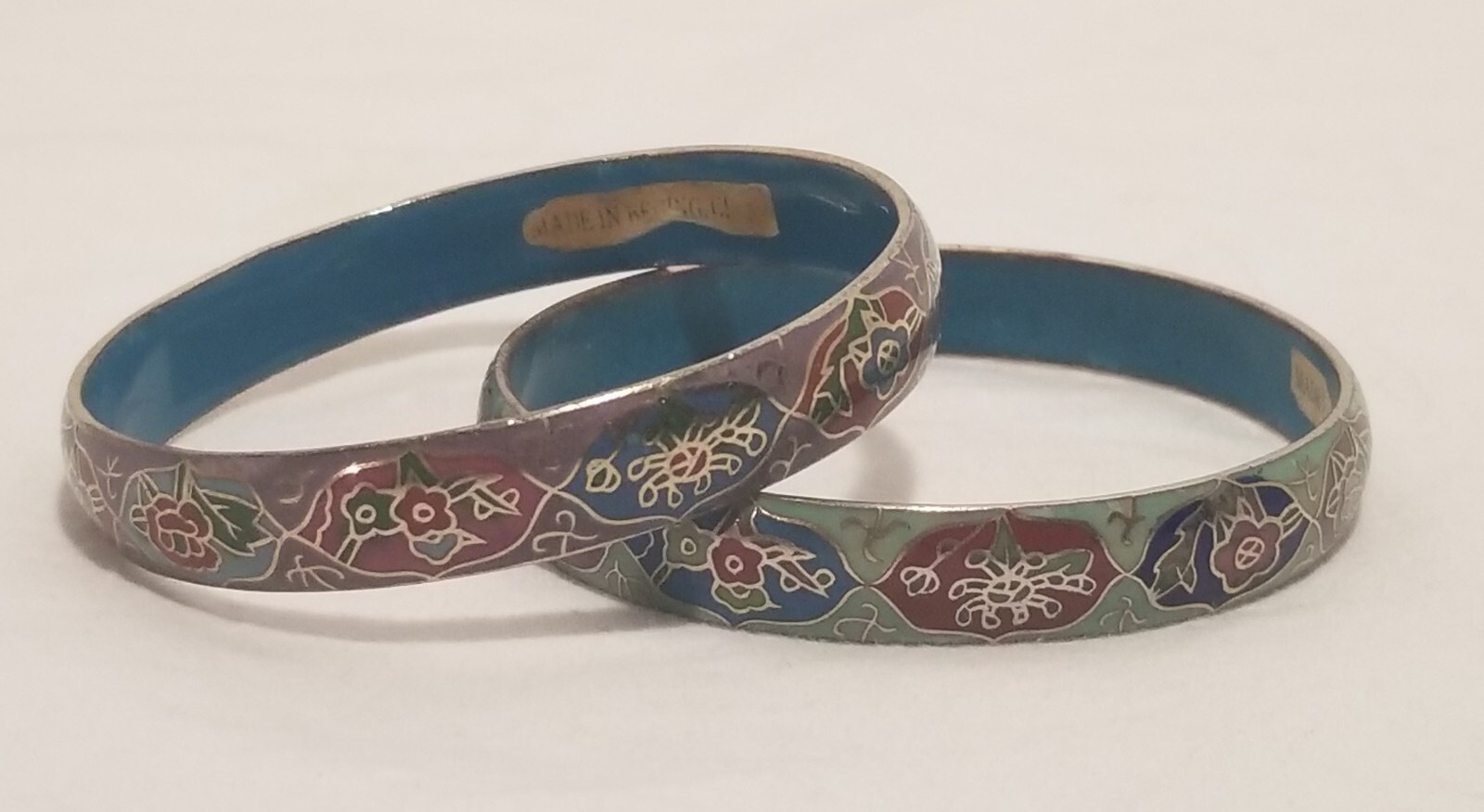 Vintage Chinese Cloisonne Enamel Flower Bangle Bracelet Lot (2) Beijing