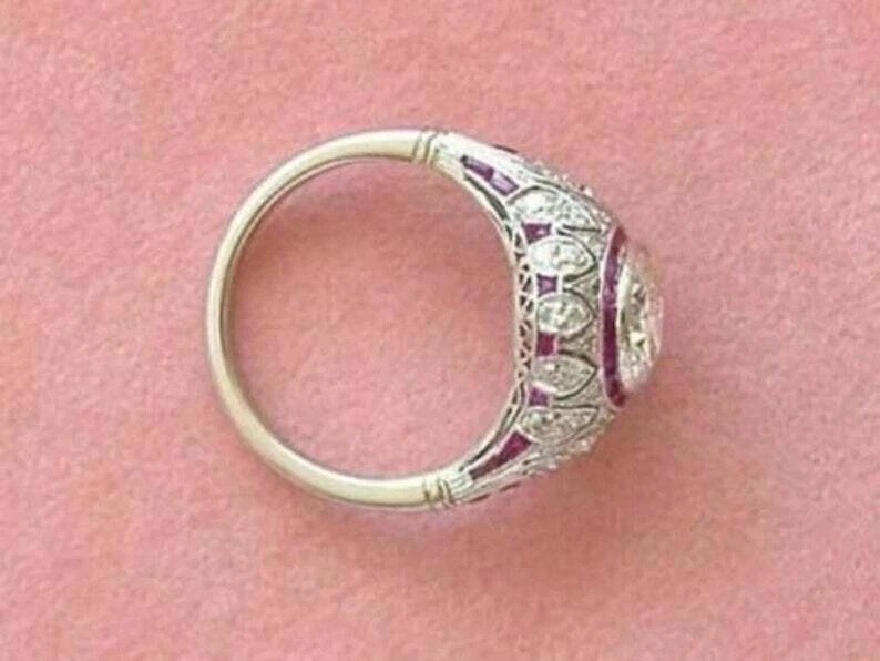 3Ct Art Deco Style Lab Created Diamond & Ruby Wedding 14K White Gold Finish Ring
