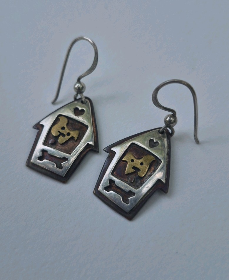 Vintage Estate Sterling Silver / Copper Dog Doghouse Dangle Earrings 925 Signed