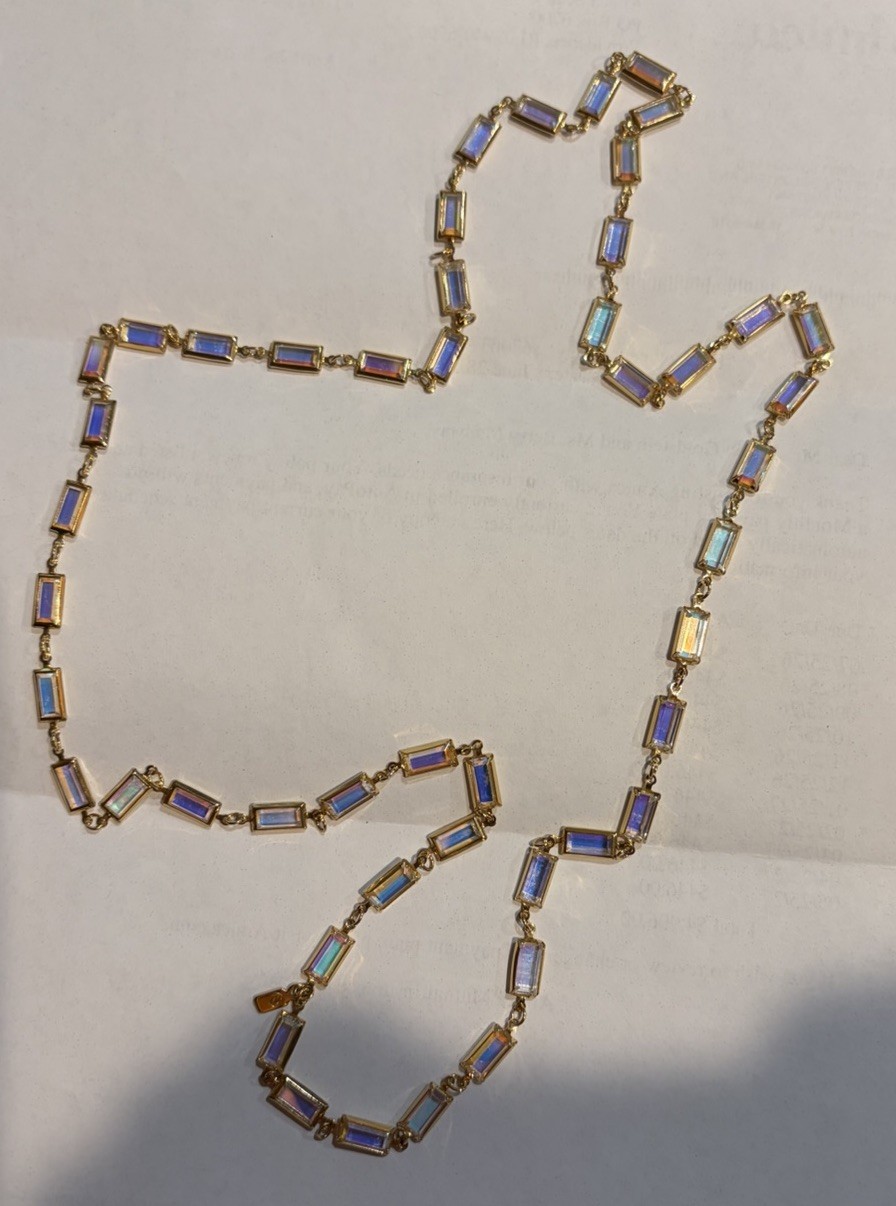 Vintage Swarovski Aurora Borealis Baguette Crystal Necklace Gold Tone Signed