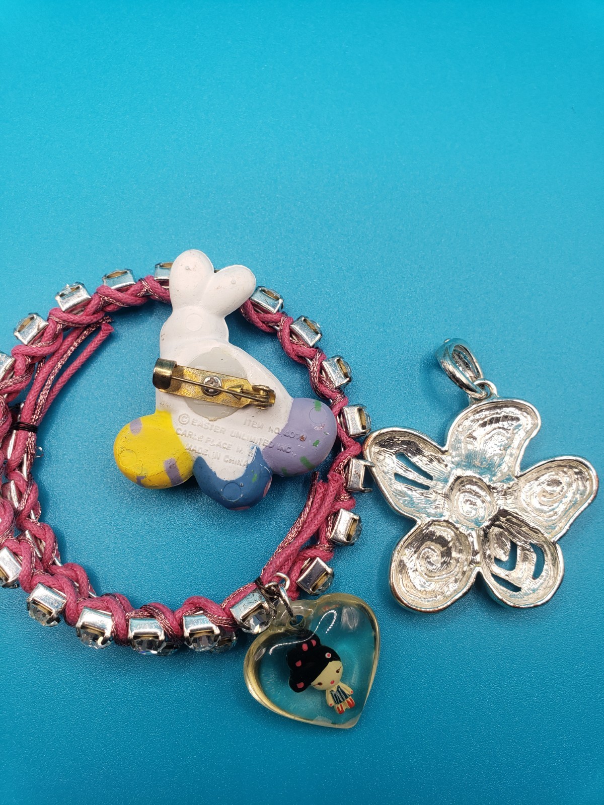 Mixed Costume Jewelry Lot: Pendants, Brooches, Rhinestone Bracelet & More