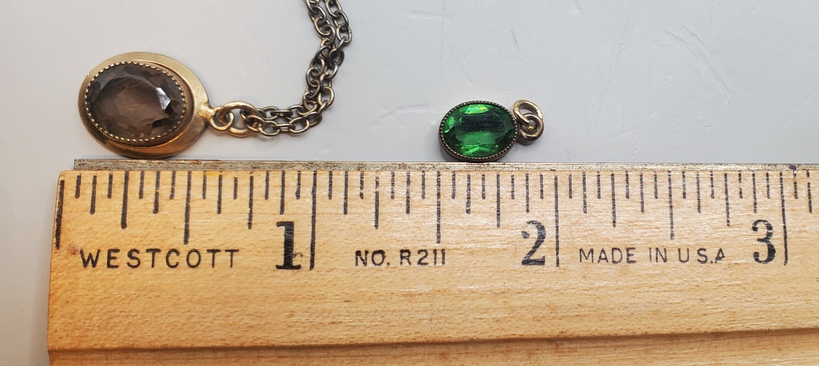 Vtg Estate Pendants: Smokey Quartz TESTED Gemstone W/Chain, Small Green Glass