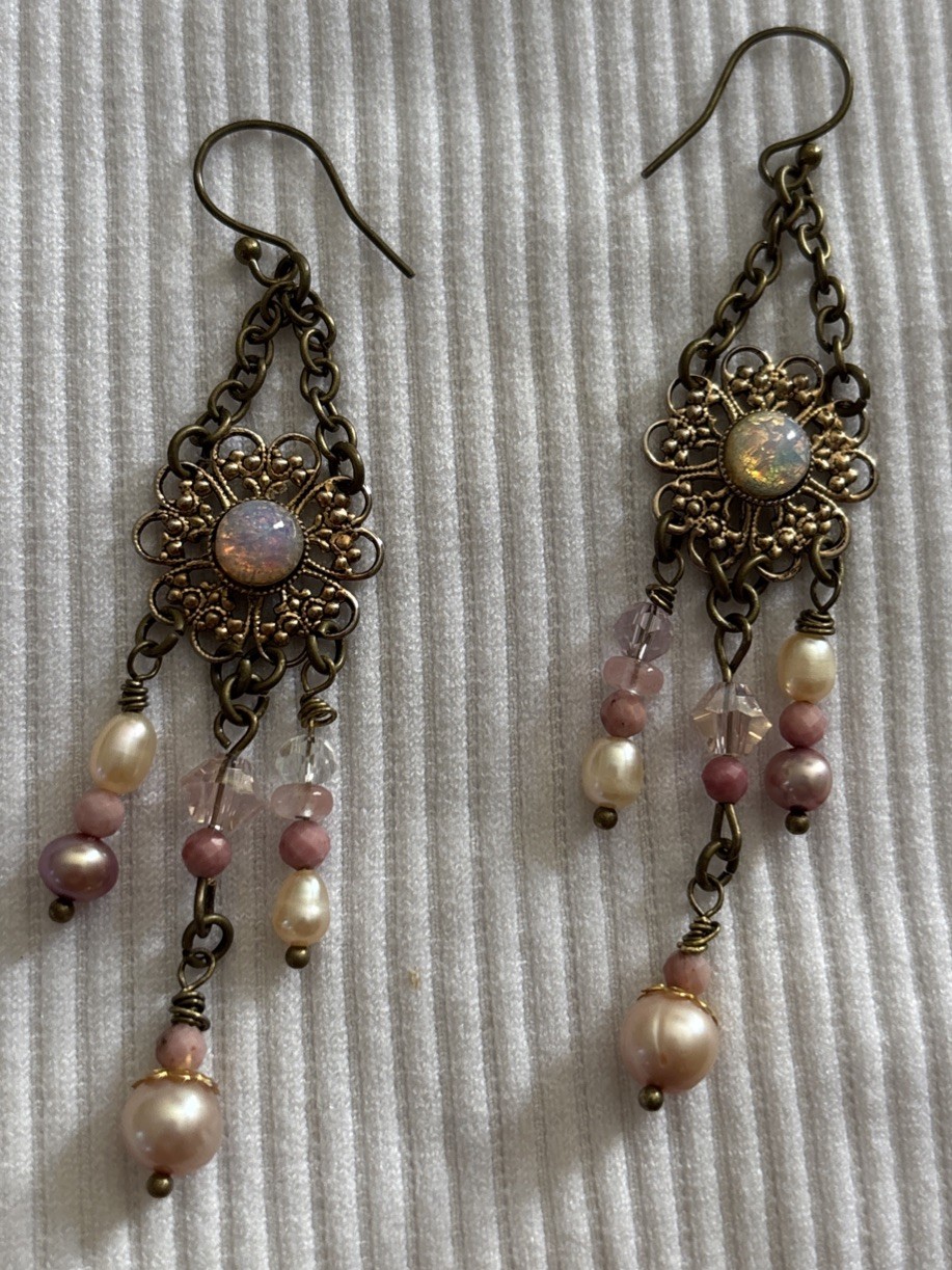 Vintage Boho Earrings Brass-Tone w/Opal-Glass on Alloy Filigree, Pearl+ danglers