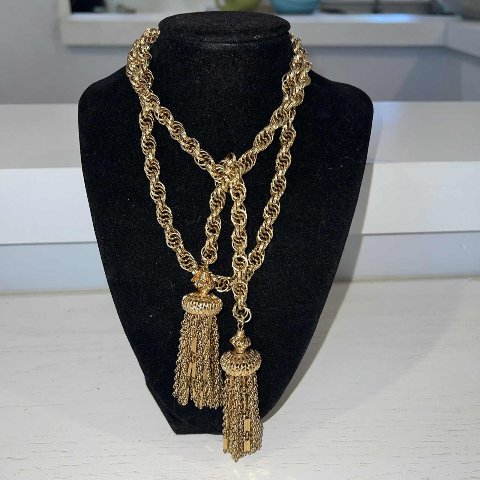 Signed Monet Open End Double Tassel Necklace Belt 36”