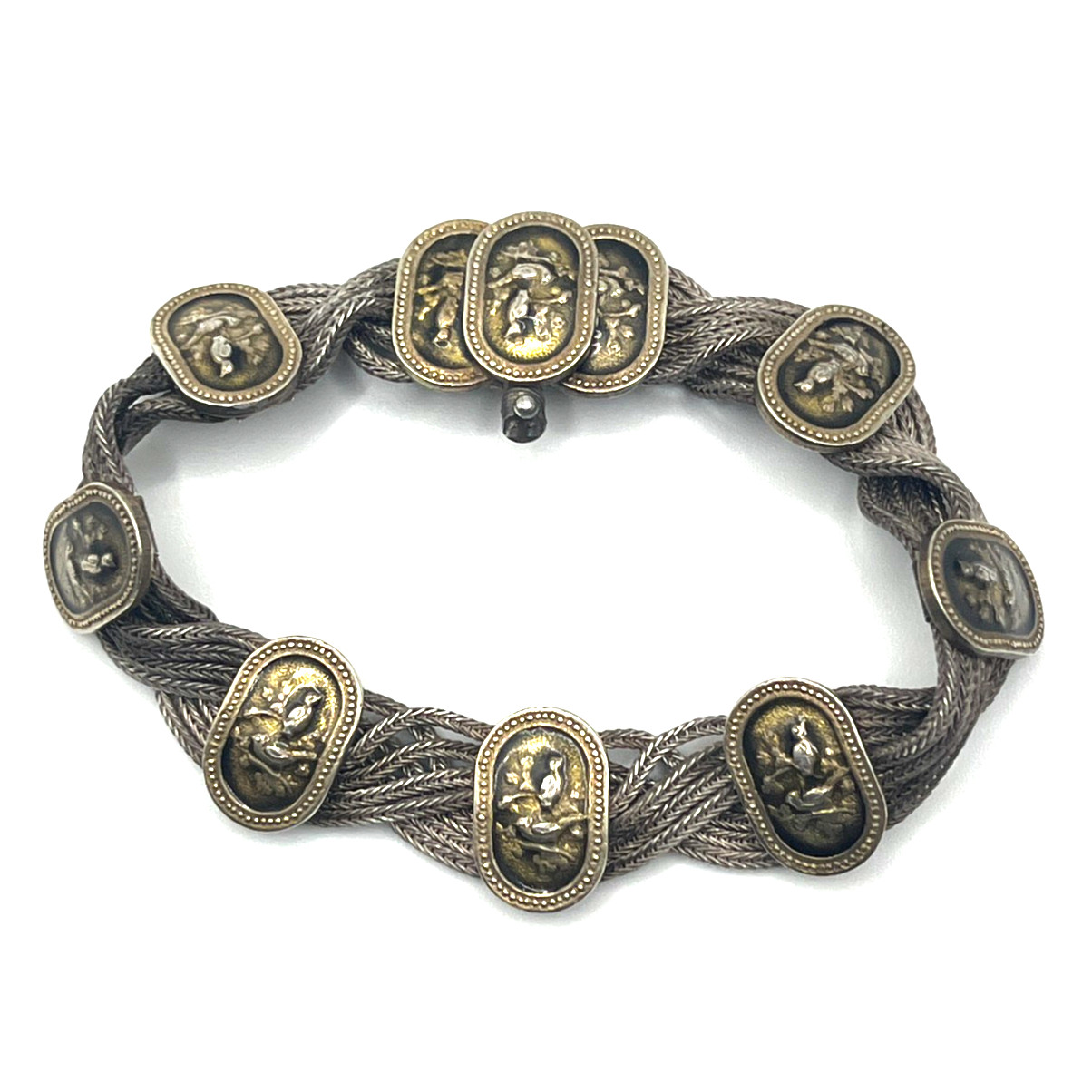 VTG Russian Bracelet Sz 6.75 Multi-strand Foxtail Chains & Oval Niello Panel 925