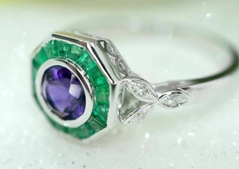 Art Deco Style Amethyst & Emerald Lab Created Diamond 925 Silver Engagement Ring