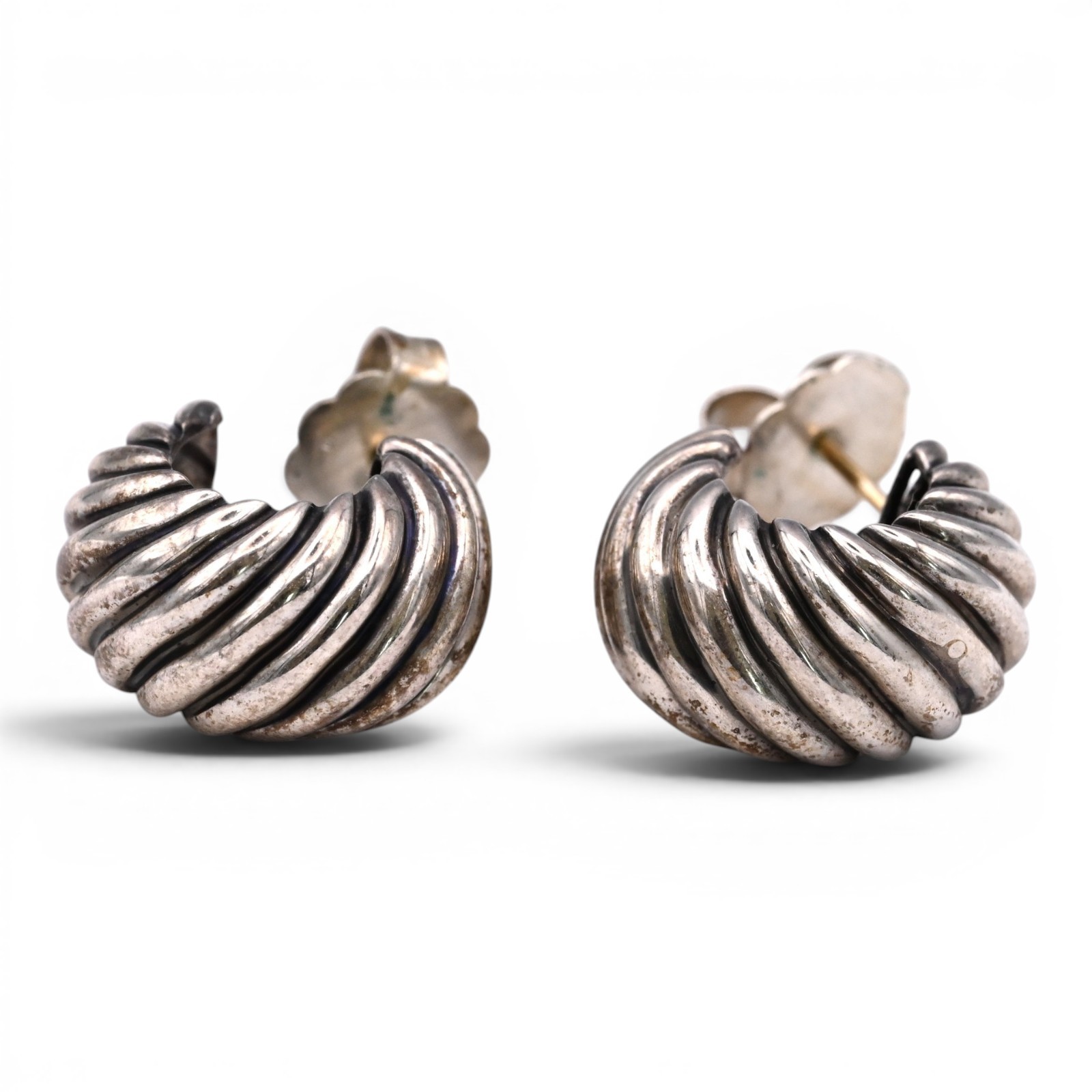 VINTAGE DAVID YURMAN CABLE SHRIMP HOOP EARRINGS STERLING SILVER 14K GOLD SIGNED