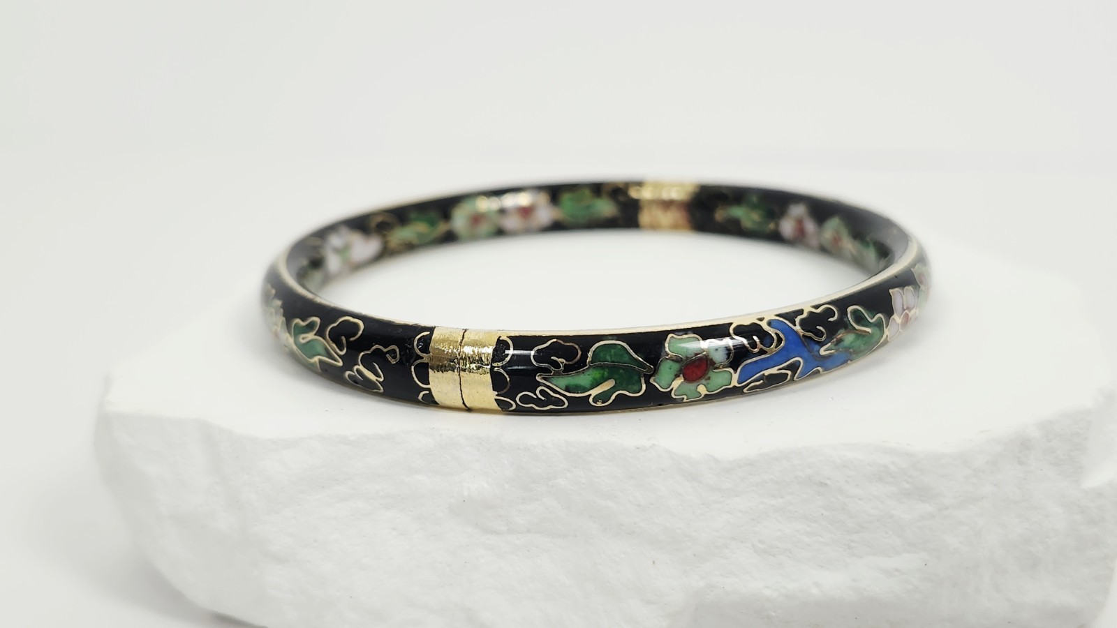 Vintage Chinese Black Cloisonné Enamel Bangle Bracelet Floral Hinged Gilt Brass