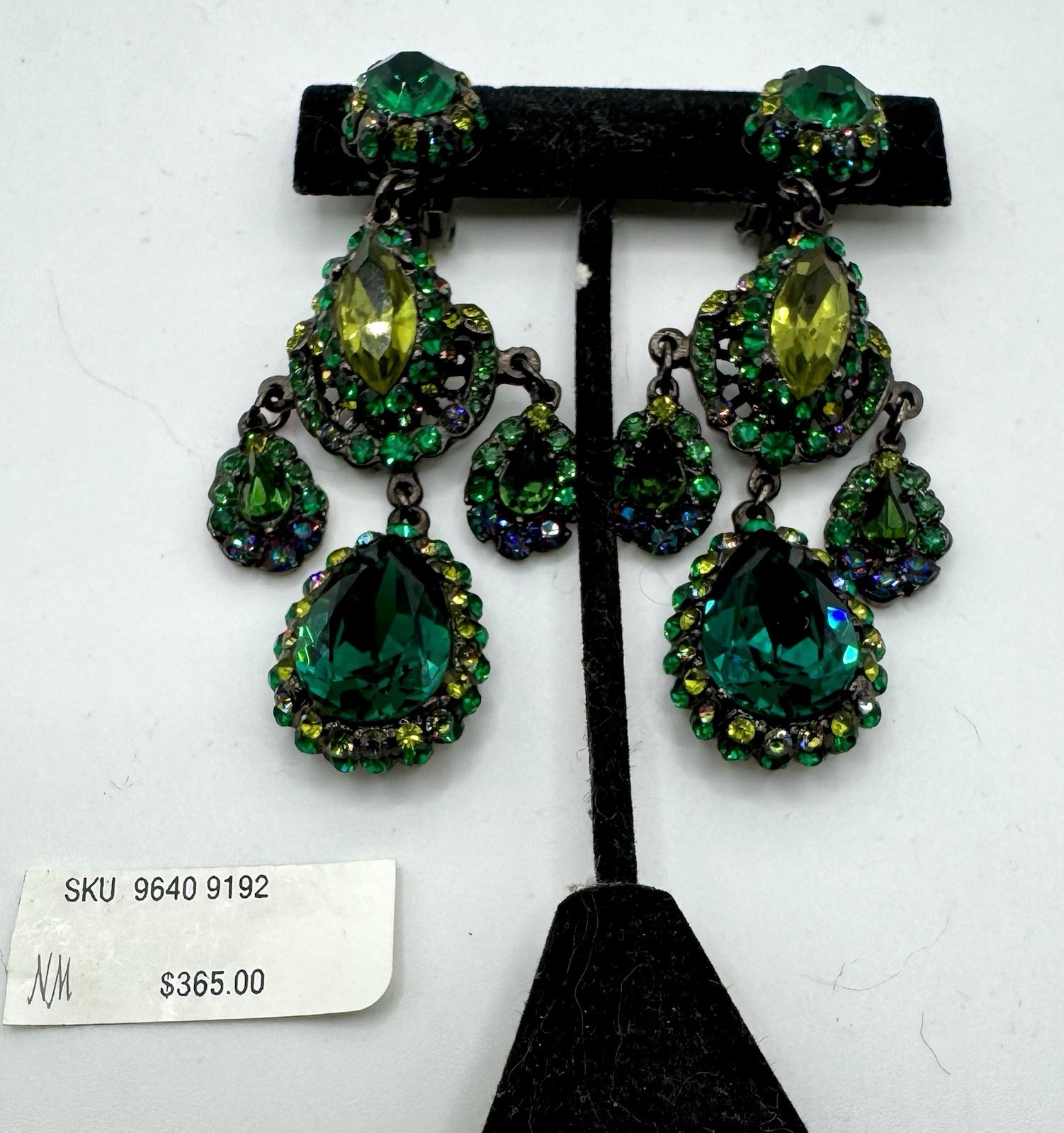 Barrera Crystal Clip-On Drop Earrings Of vibrant green crystals set in Gunmetal