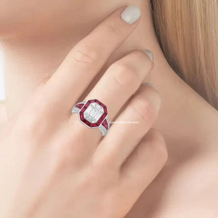 Art Deco Style 4Ct Emerald Moissanite Halo Ruby Wedding 14K White Gold Finish