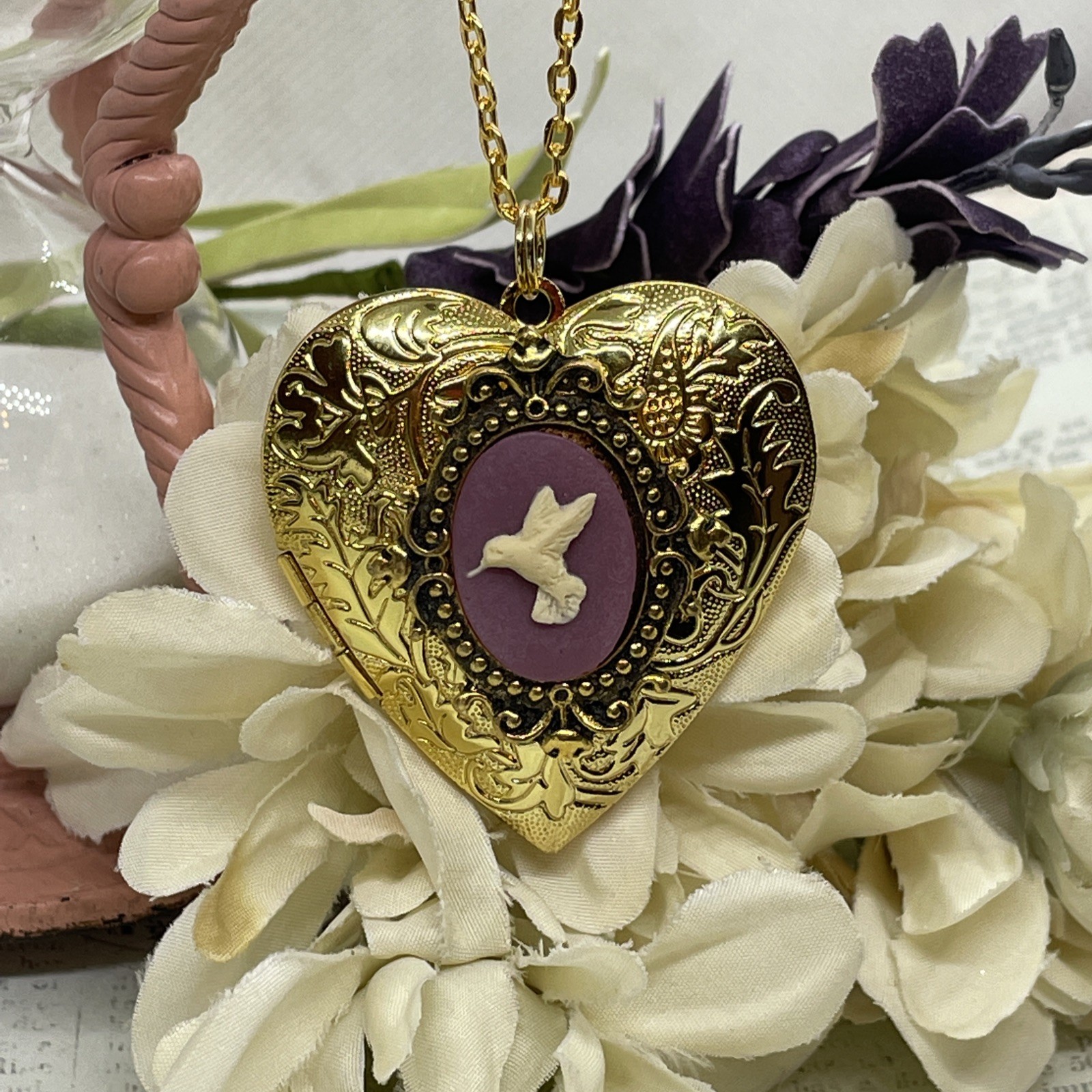 Gold Heart Locket Photo Birthday Anniversary Wedding Hummingbird Purple Necklace