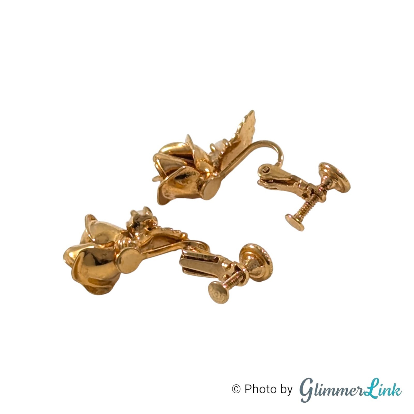 Vintage Rose Leaf Faux Pearl Gold Tone Adjustable Clip On Earrings