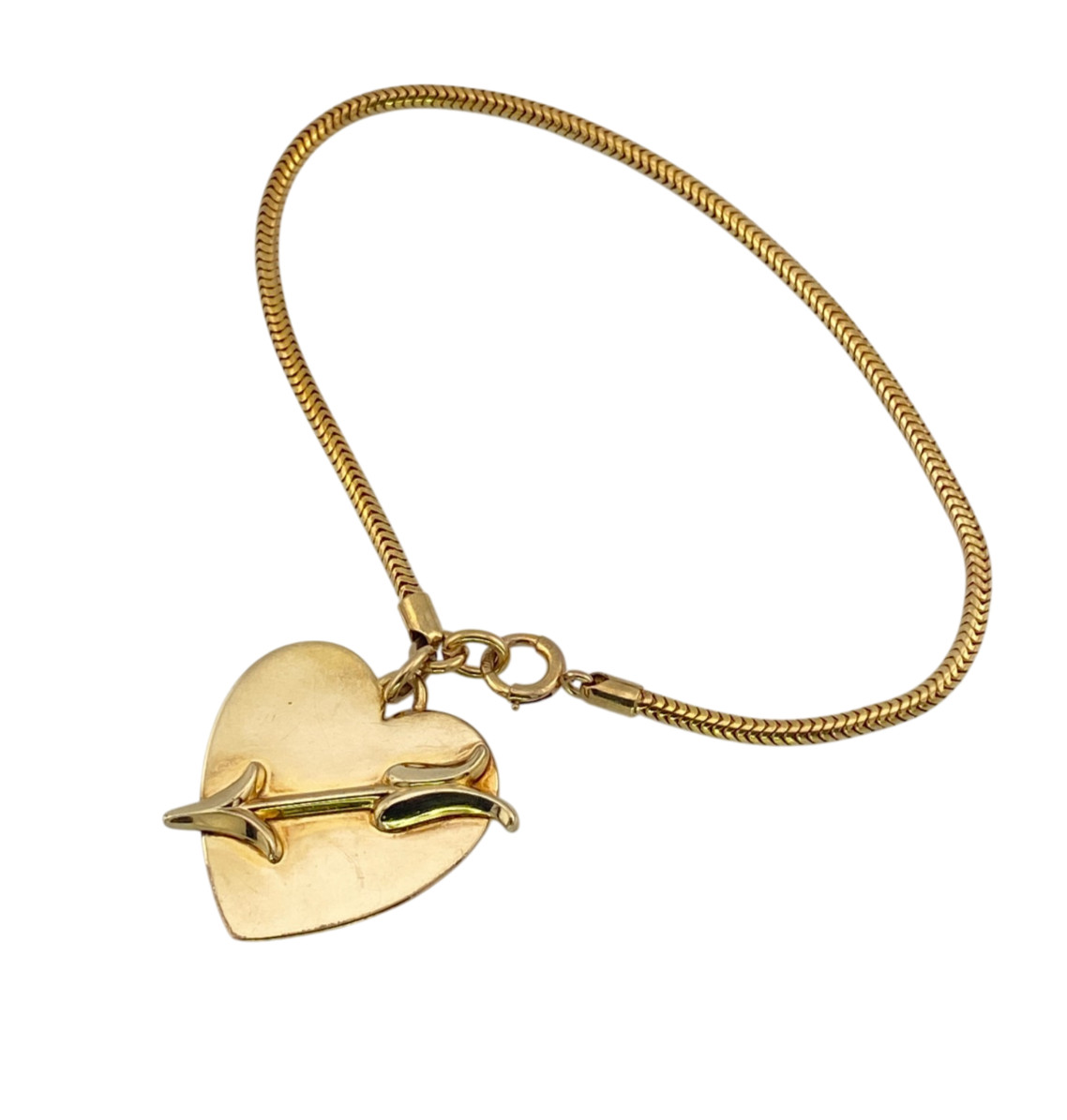 Vintage Forstner 12k Gold Filled Heart Arrow Charm Bracelet 6.75 In Snake Chain
