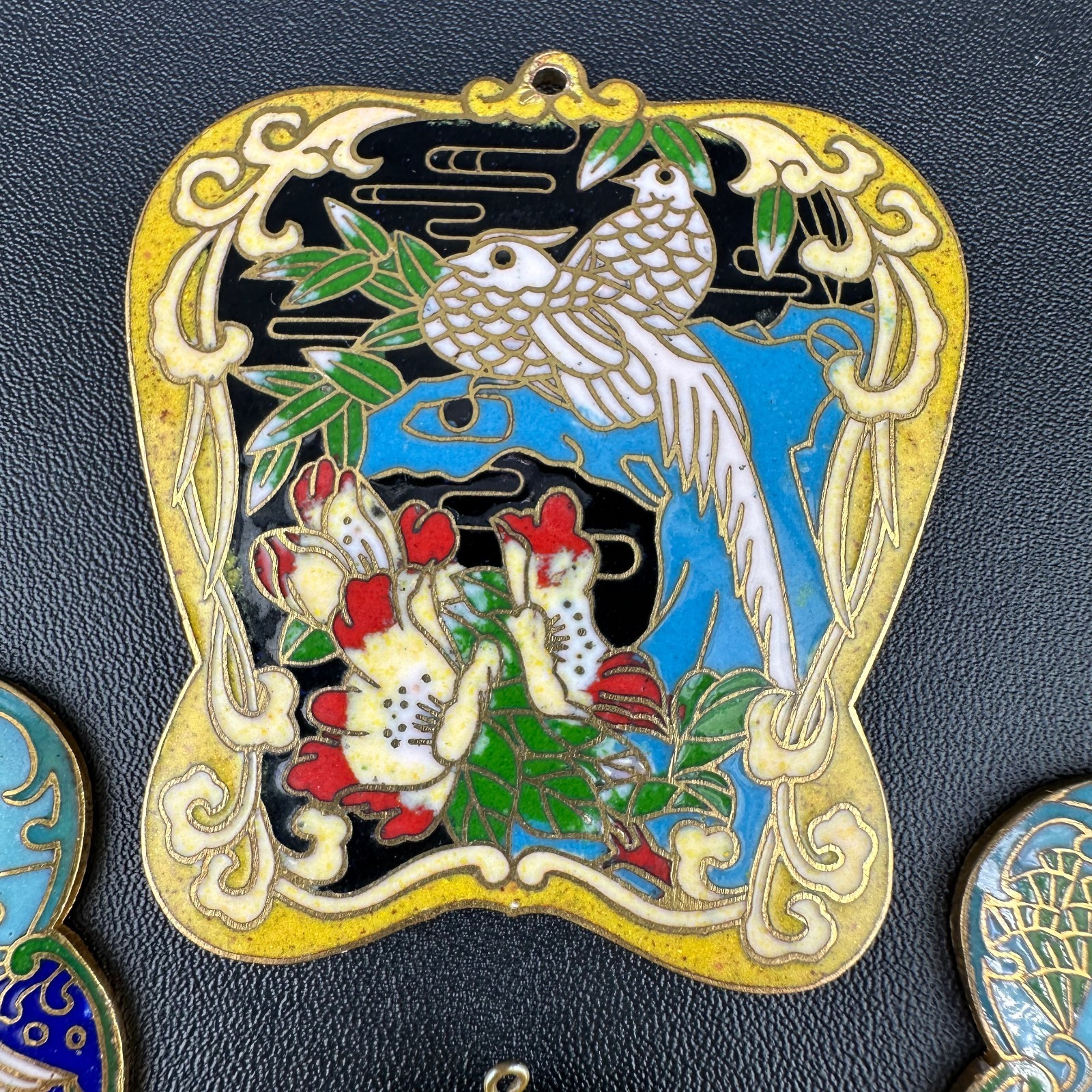 Vintage Cloisonne Enamel Pendant Lot LG Heavy Medallions Puffy Peacock WWII 71st
