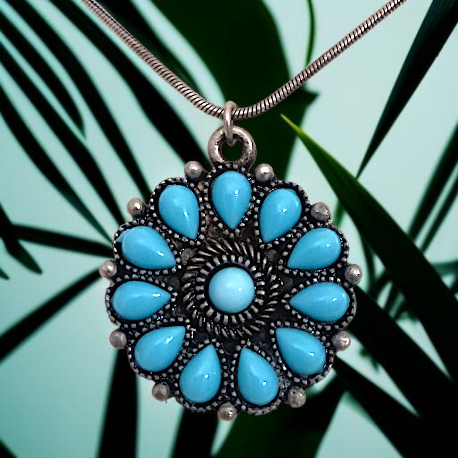 Robert Rose Pendant Faux Turquoise Necklace Antique Silver Tone Southwestern