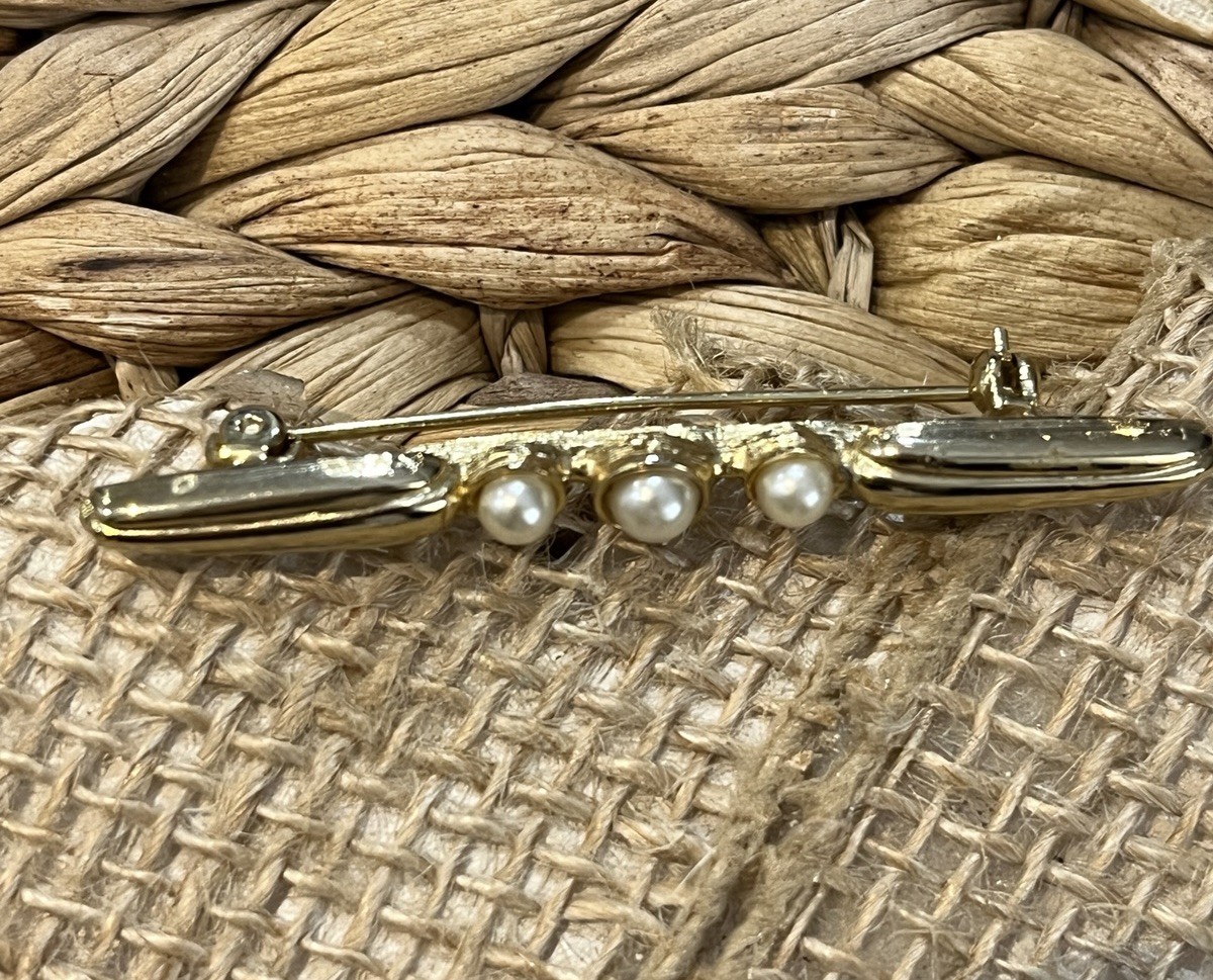Victorian Revival Bar Pin Gold Tone Faux Pearl Brooch Vintage Costume Jewelry