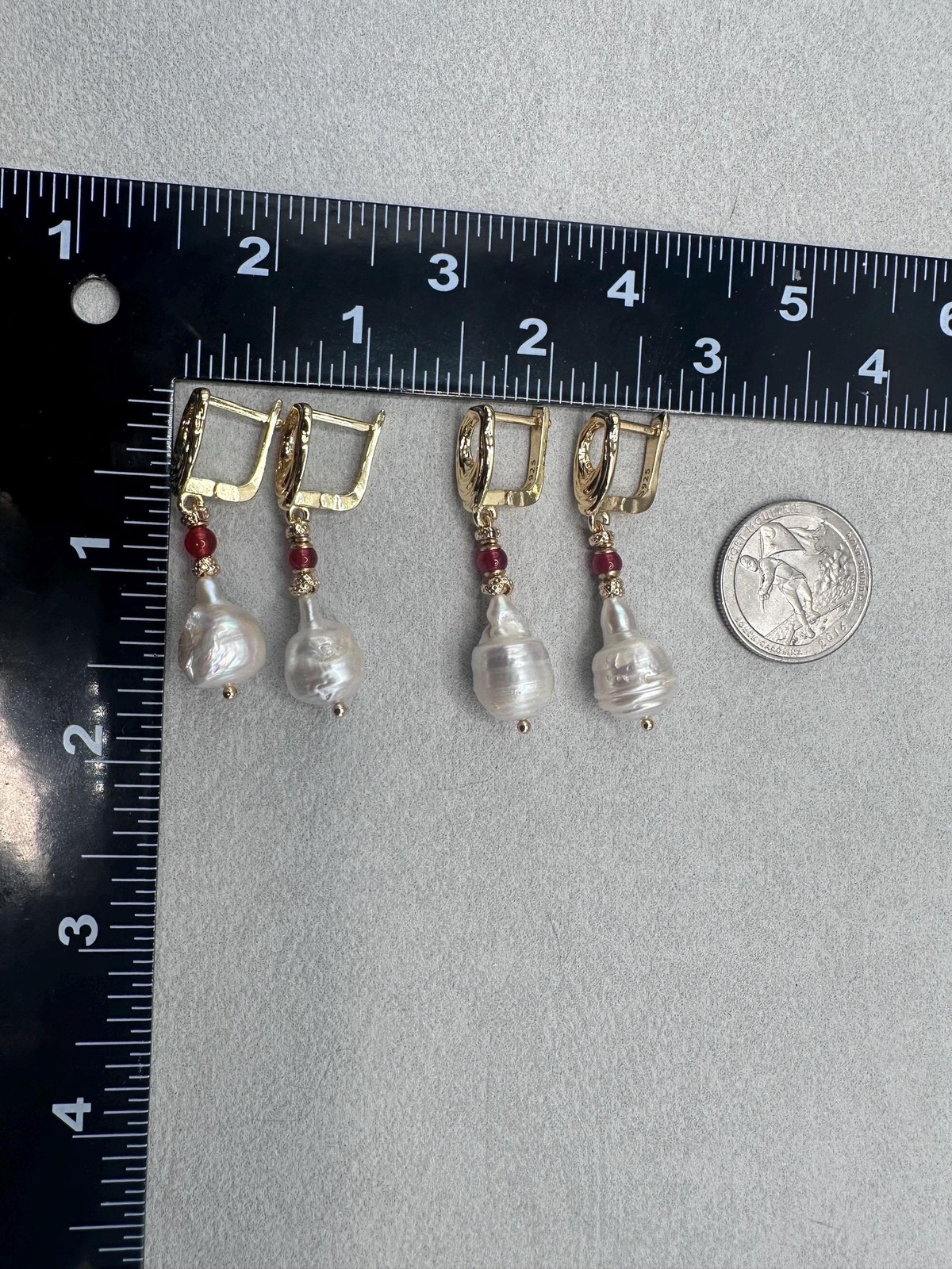 White Baroque Pearl Earrings With Carnelian Accent, Melting Lever back