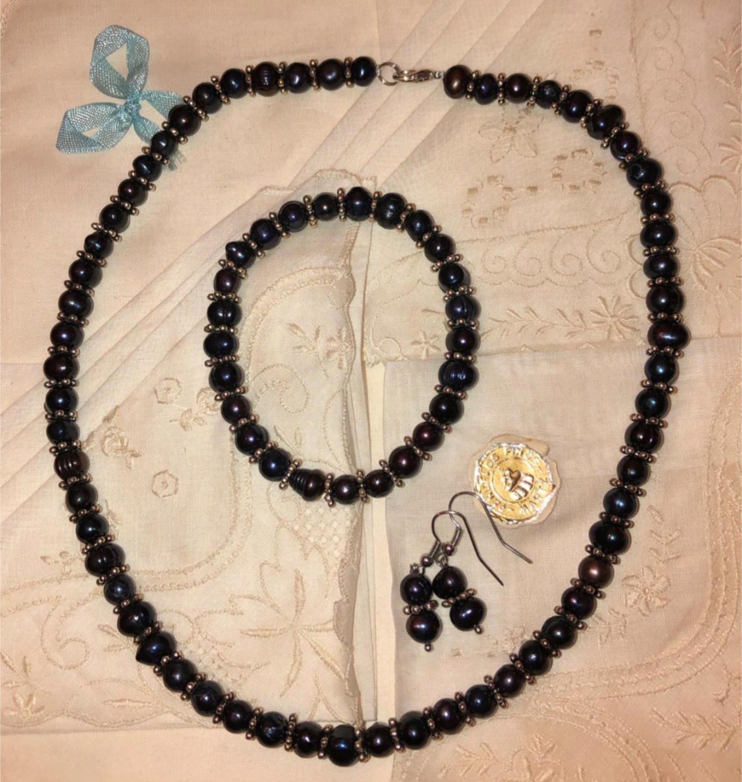 Black Dark Grey Peacock Pearl Necklace Bracelet Earrings Silver Vtg New Minte