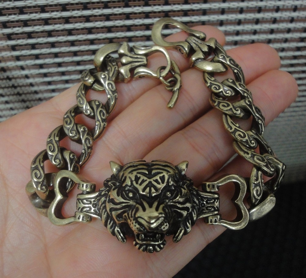 Solid Brass Cool Tiger Head Statue Vintage Style Men Bracelet with Gift Box