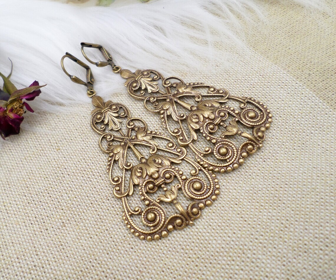 Large Brass Filigree Statement Earrings, Victorian Reproduction Jewelry, Tudor
