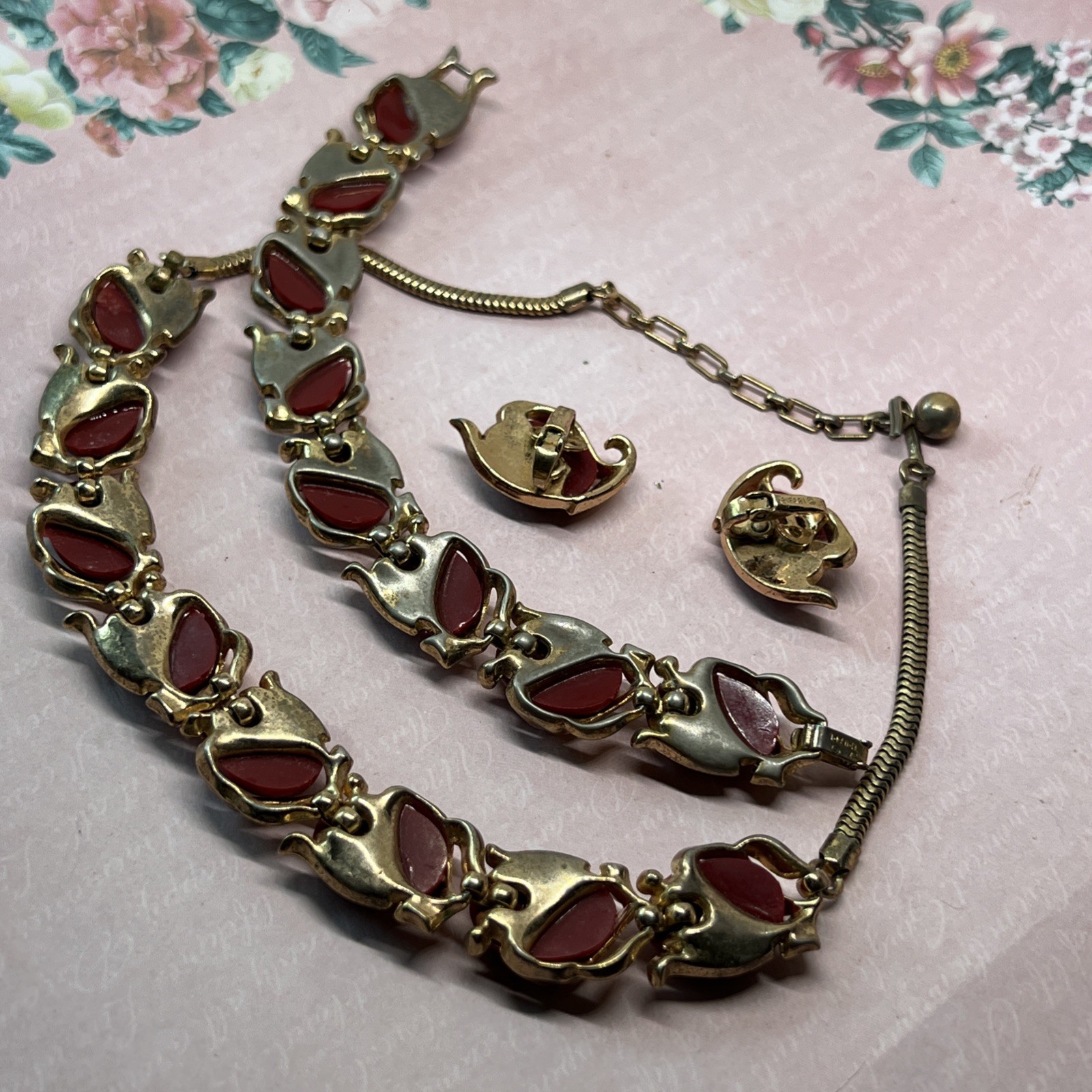 Vtg 50s Crown Trifari Caravan Red Cabochon Parure Set Bracelet Brooch Earrings
