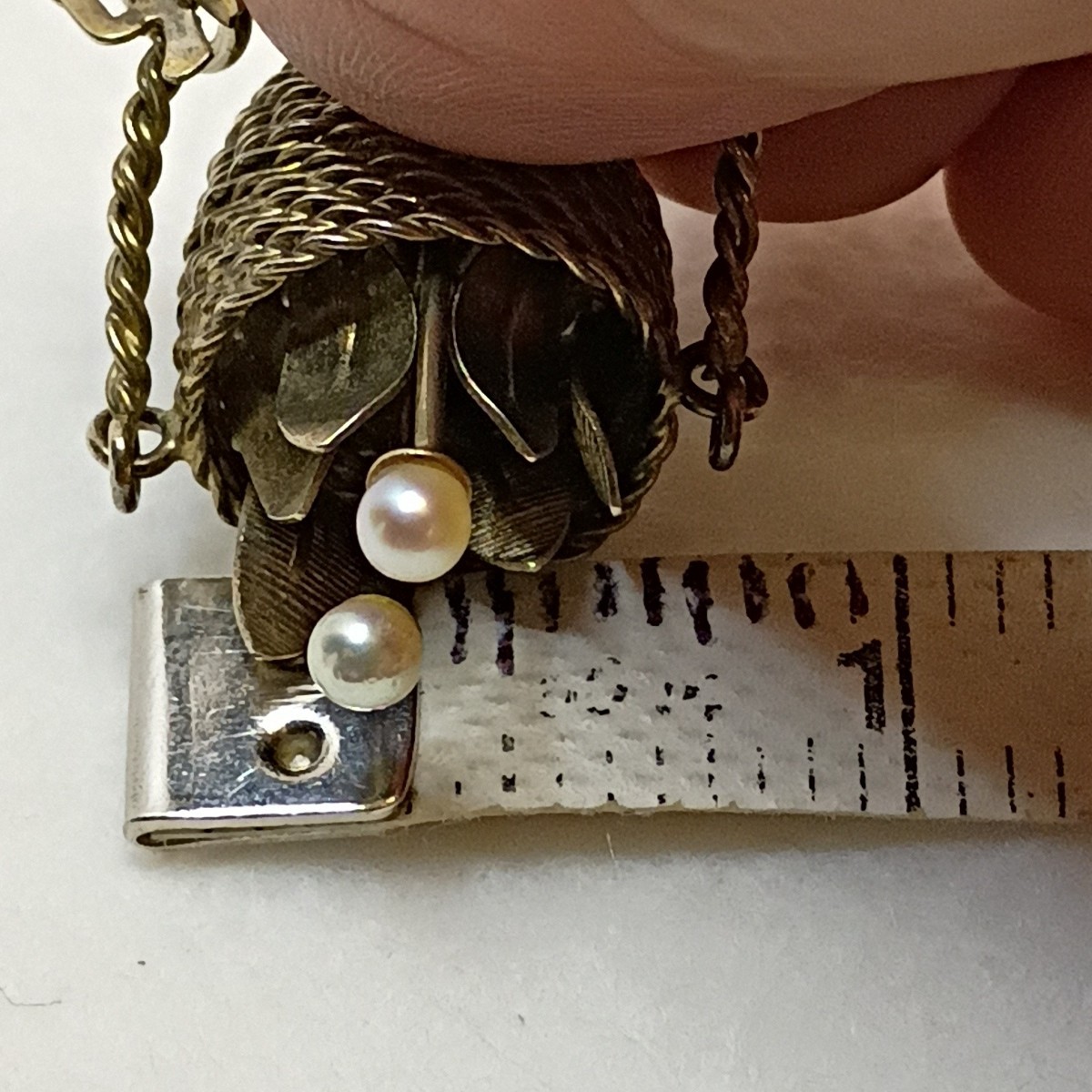 Vtg Wells Sterling Flower Basket Charm 3D Pearl Flowers Leaves Handle Bow