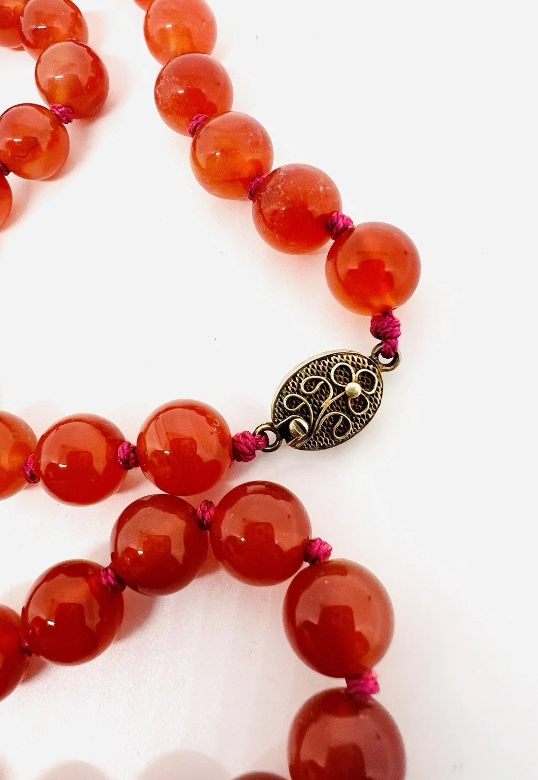 Chinese Export Sterling Silver Carnelian Beaded Necklace 25in Vintage Jewelry