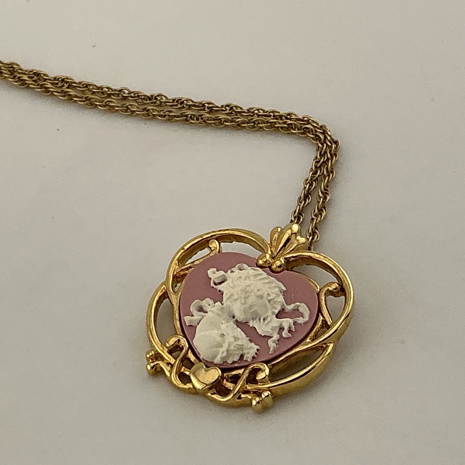 Vtg Precious Moments PMI Necklace Pink Faux Cameo Pendant GoldT Filigree 1990s