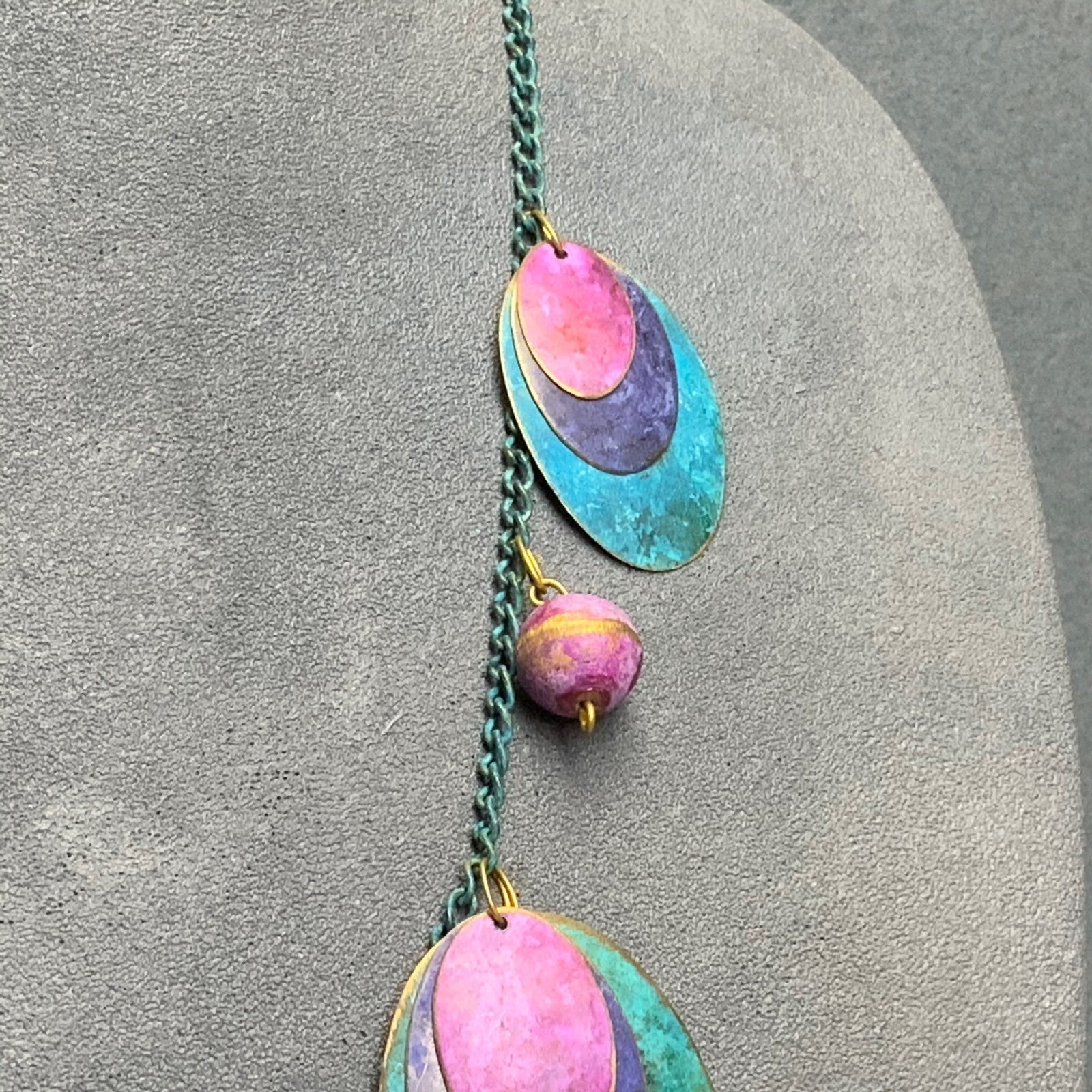 Layered Metal Oval Necklace 25 In Turquoise Blue Pink Purple Gold Rustic Boho