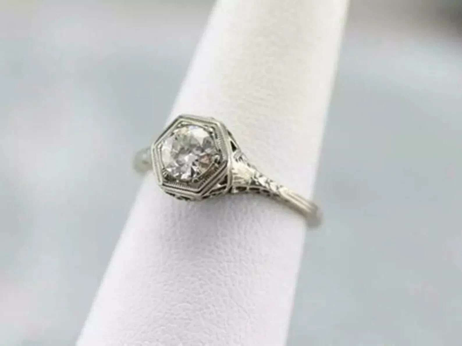 Vintage Art Deco 1Ct Round Lab Created Diamond 14K White Gold FN Engagement Ring