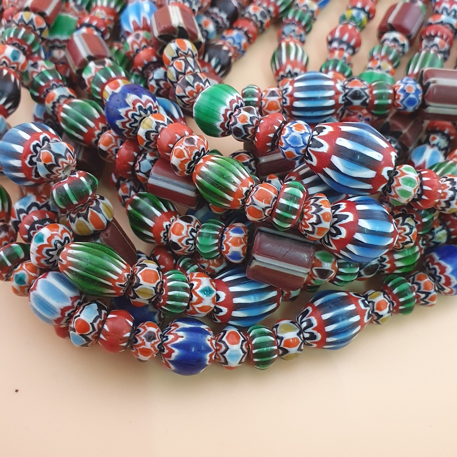 Antique Venetian MultiColor Mix Chevron Glass Beads Strands Necklace