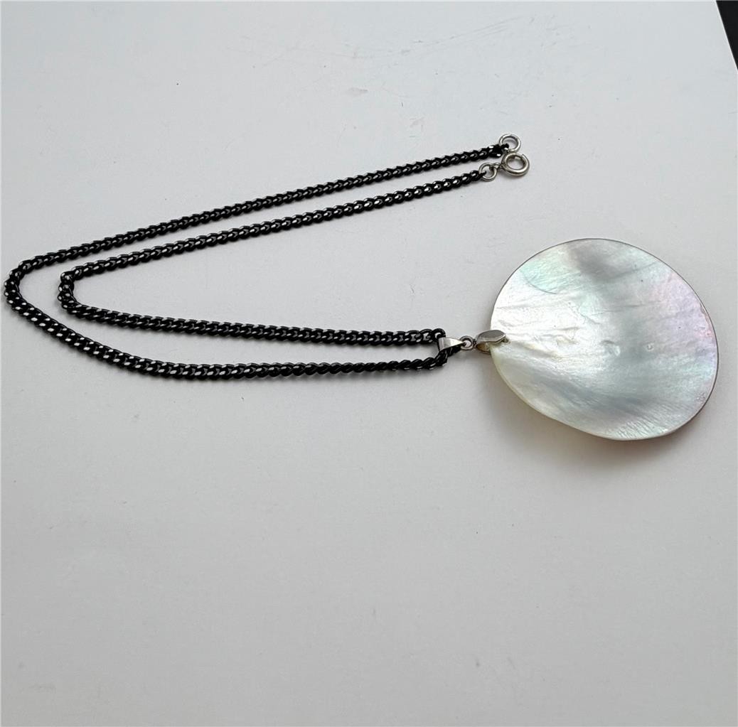 Vintage Shell Pendant with Art Nouveau Lady Portrait Black Chain Necklace 18″ L.