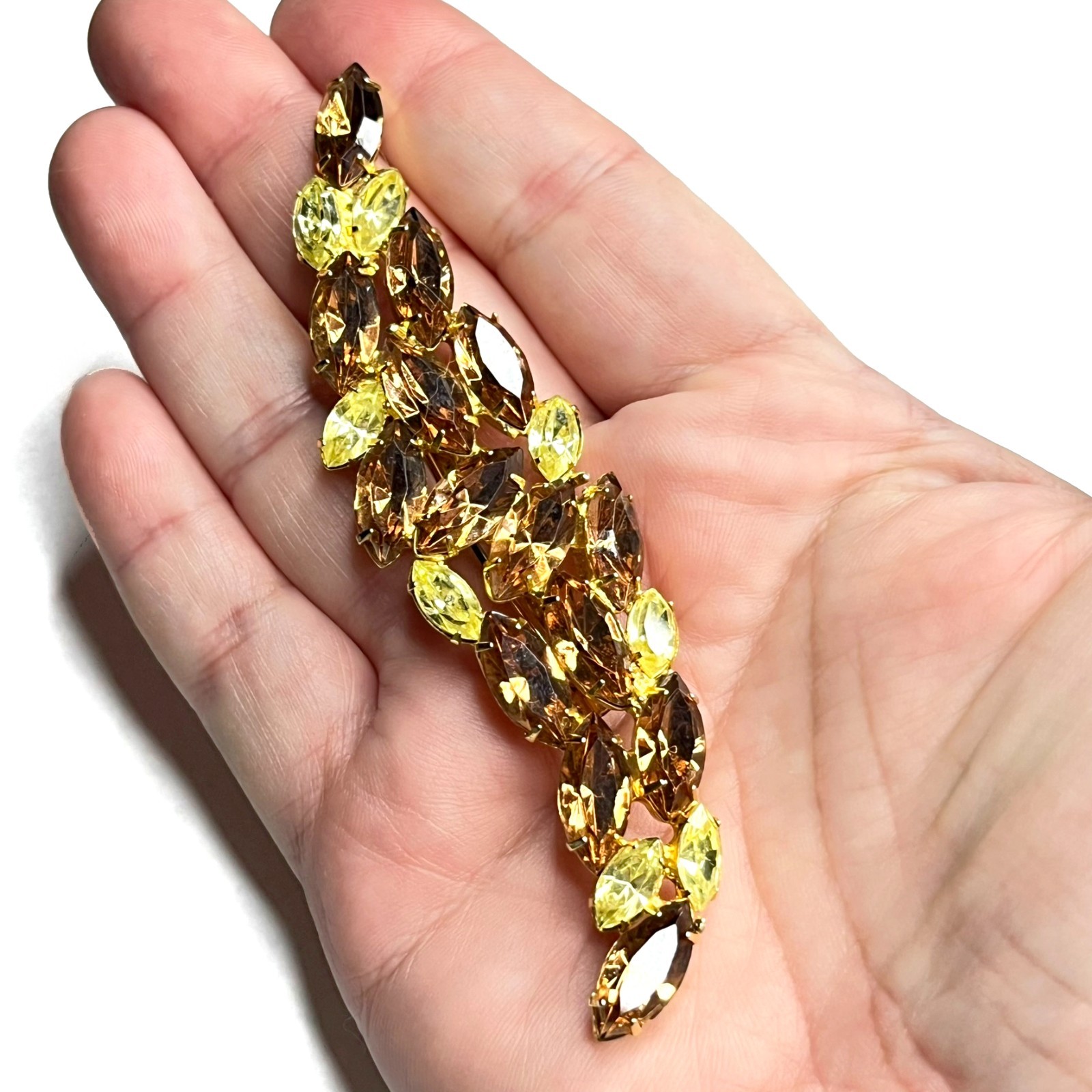 Large VTG Juliana? Leaf Flame Swoosh Brown Yellow Navette Rhinestone Pin Brooch