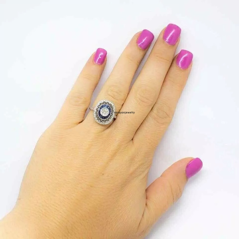 Edwardian 3Ct Lab Created Blue Sapphire Wedding Ring 14k White Gold Plated