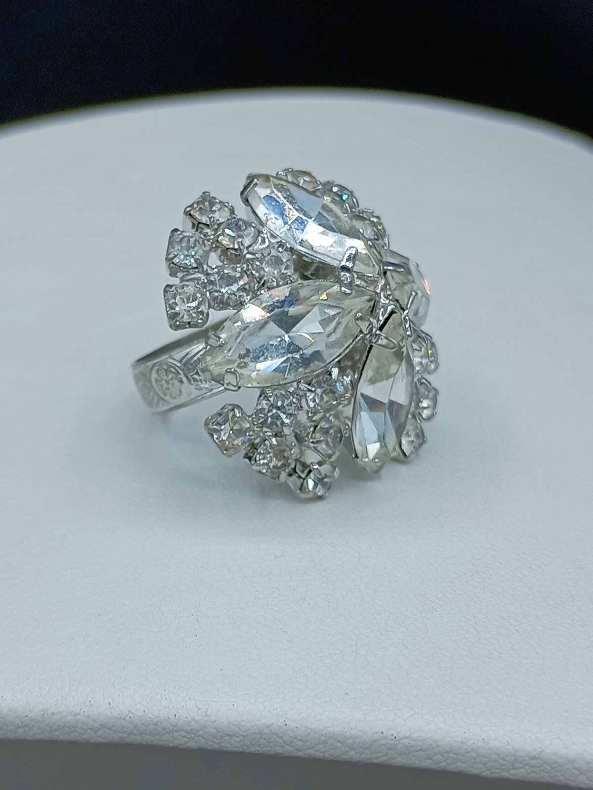 Vintage Rhinestone Cross Ring Adjustable Chunky Statement Clear Sparkle Glam