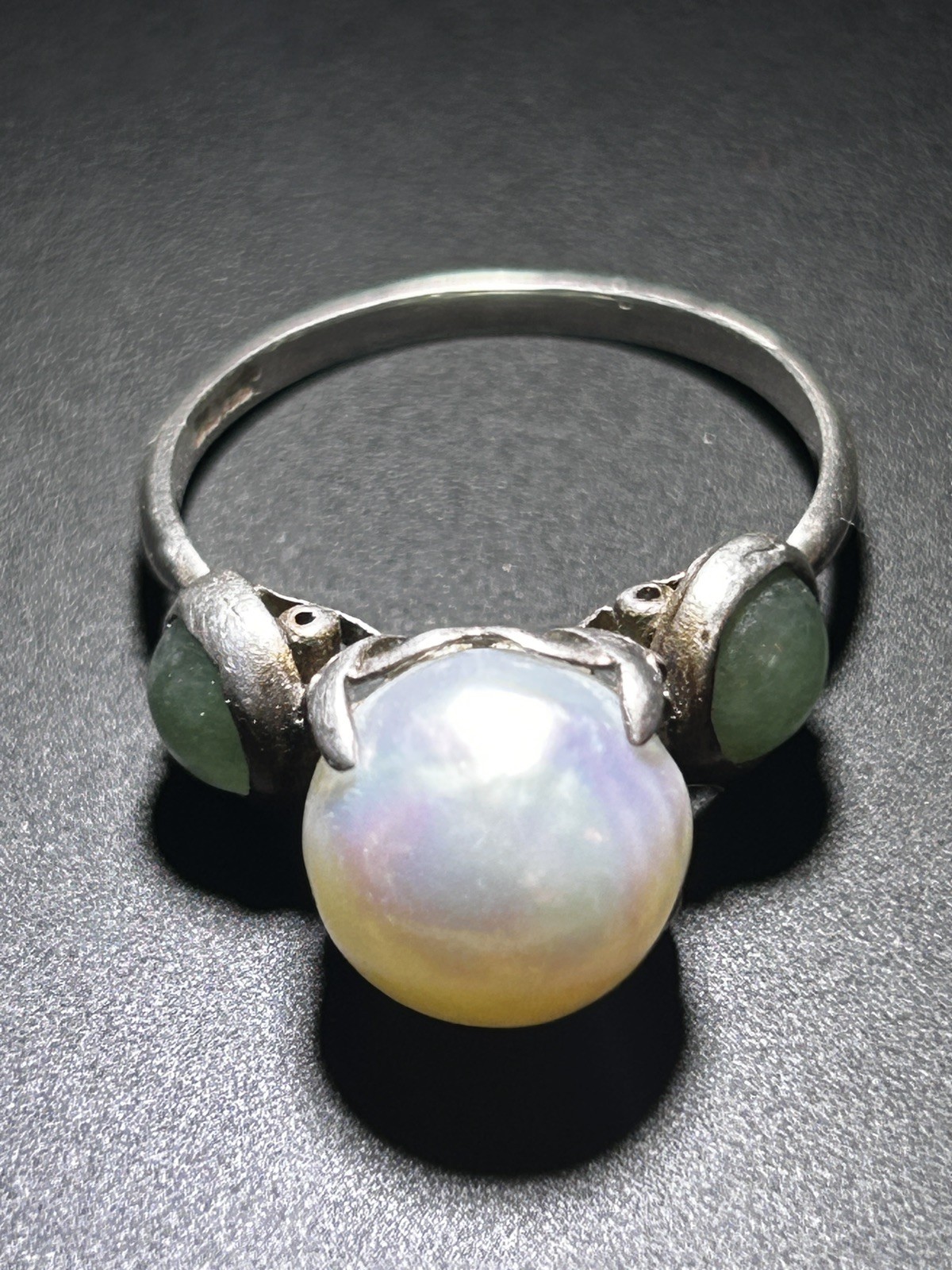 Antique Sterling Silver Pearl Ring with Natural green side stones