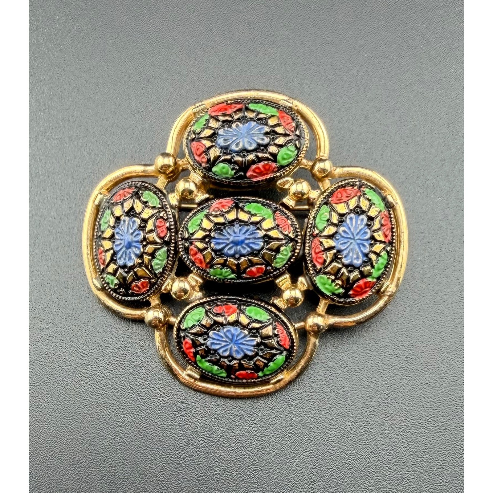 Sarah Coventry Light of the East Brooch Gold Multicolor Floral Cabochon Vintage
