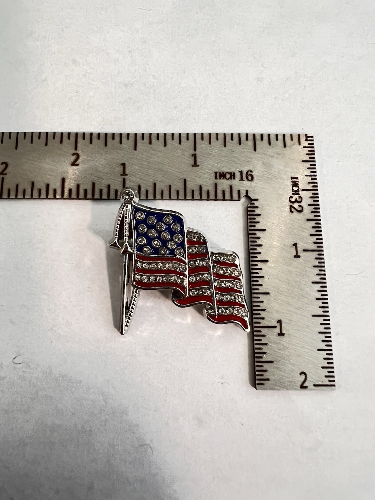 Rhinestone American Flag Brooch Pin Patriotic USA Red White Blue Silver Tone