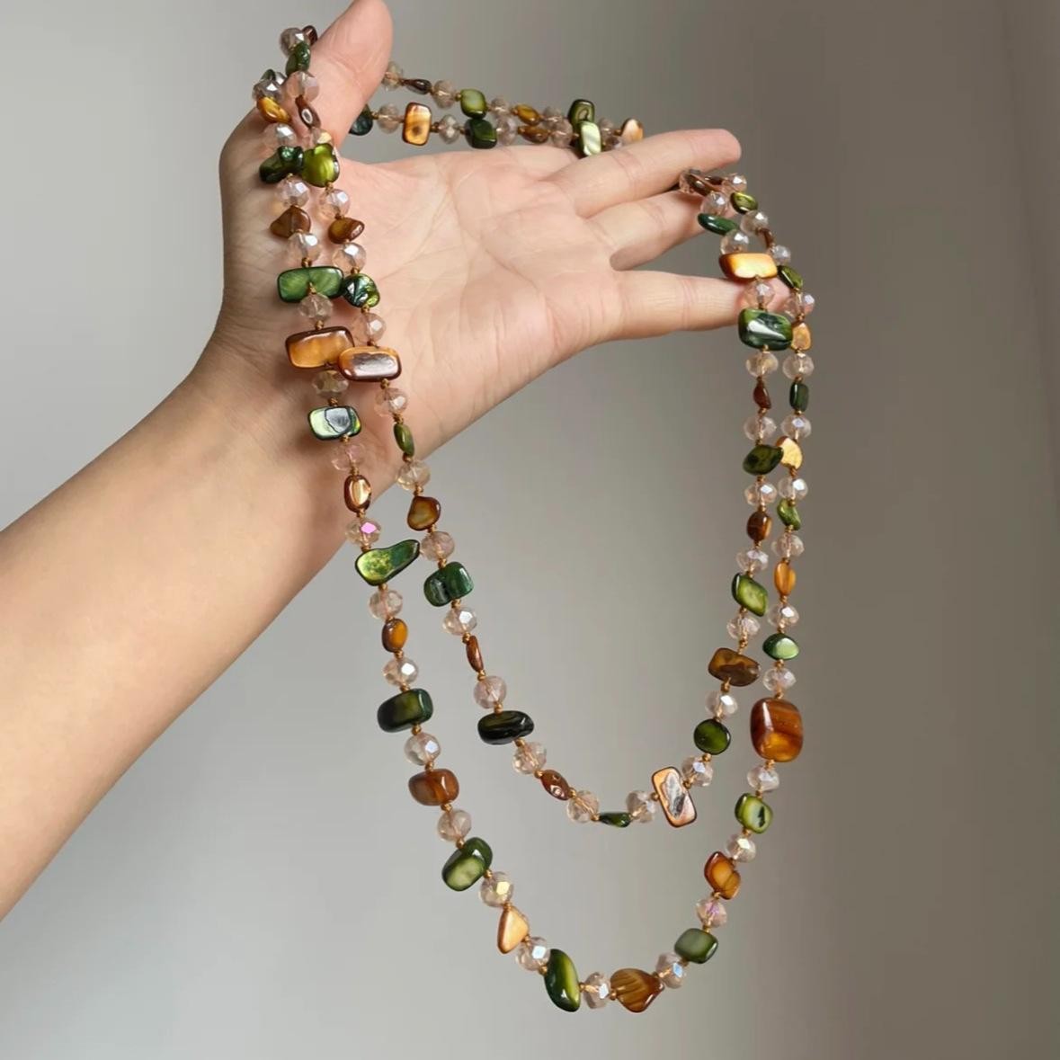 Bohemian Vintage Natural Stone Necklace Handmade Crystal Beads Double Layer