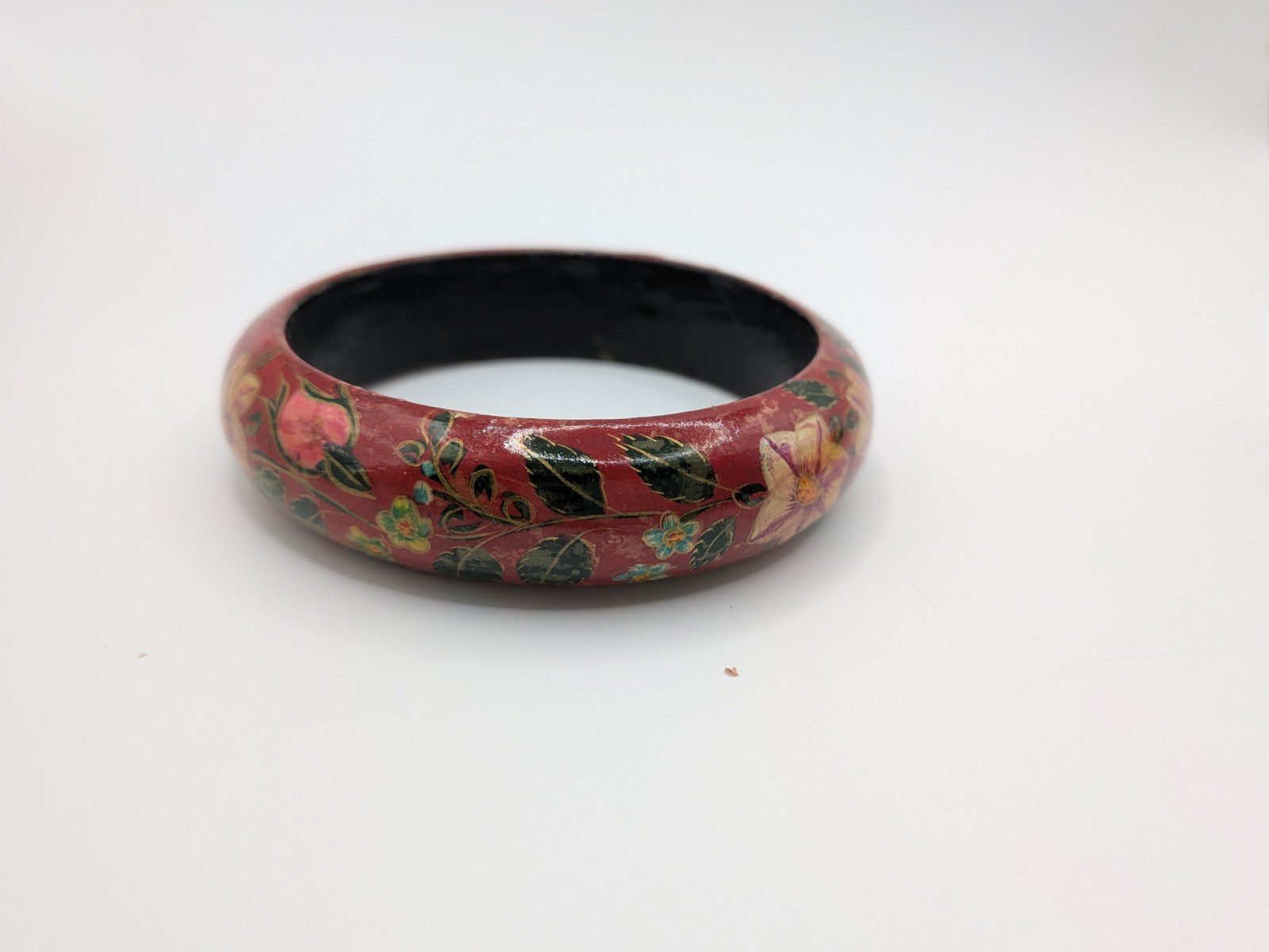 Vintage Russian Style Folk Art Hand Painted Floral Bangle Bracelet Red Laquer