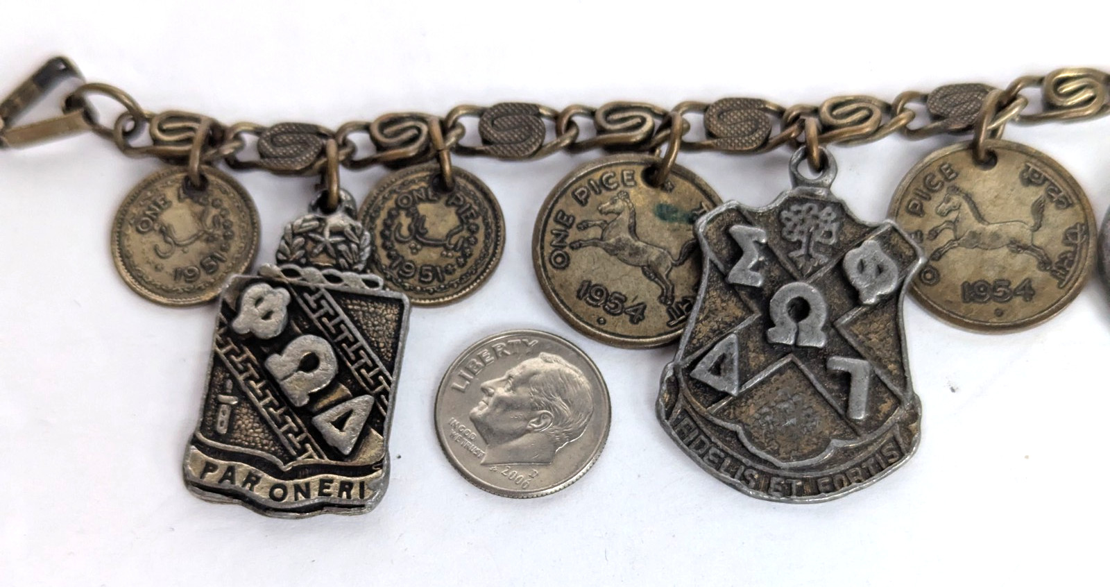 1950s Vintage Heraldic Chunky Charm Bracelet with Pakistan and India Coins 7″