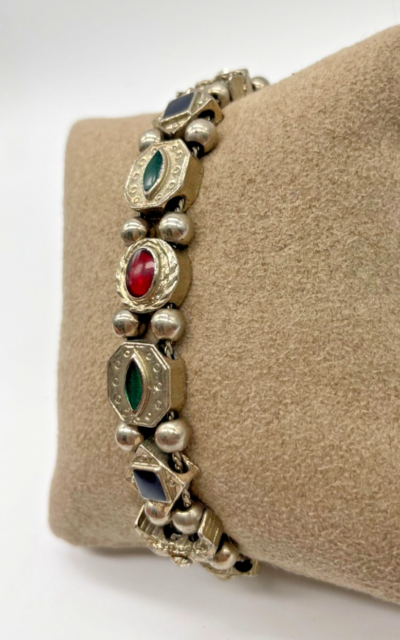 VTG Victorian Revival sliding charm ball bracelet silver tone Rhinestone 7.5″