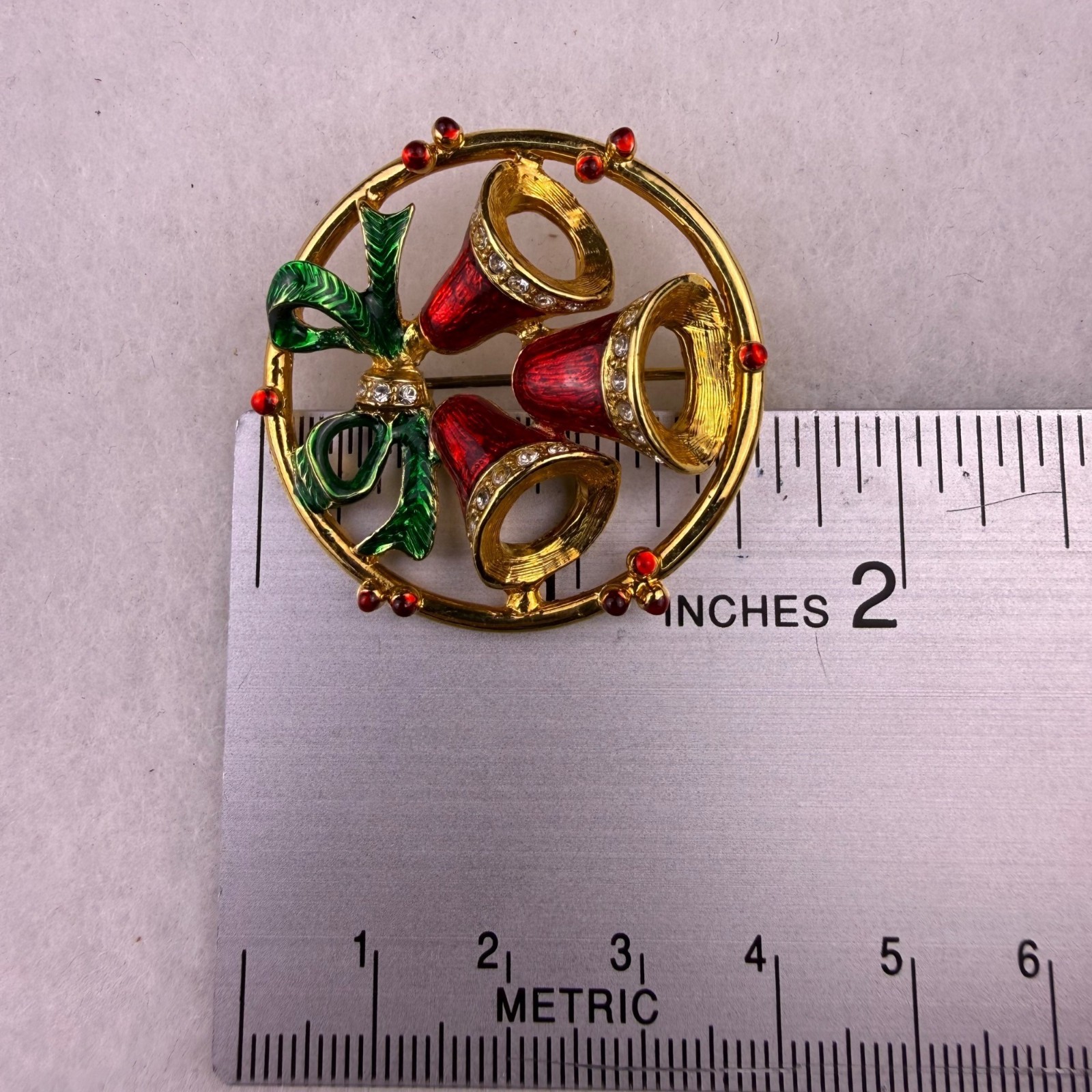 Artisan Vintage Womens Red & Green Enameled Gold Tone Holiday Bell Brooch